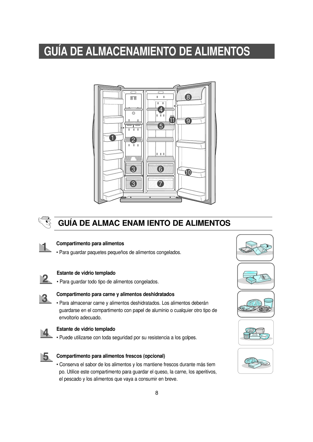 Samsung RS20NCSV5/XEK Guía DE Almac Enam Iento DE Alimentos, Compartimento para alimentos, Estante de vidrio templado 