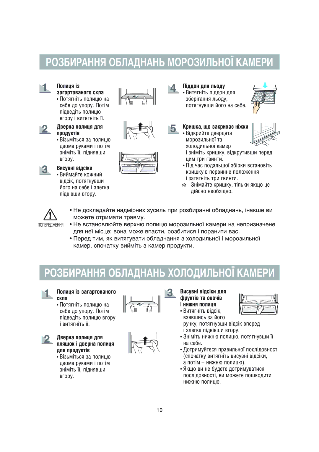 Samsung RS20NCSV1/BWT, RS20NCSL1/XEK, RS20NCSL1/BWT manual Висувні відсіки, Піддон для льоду, Кришка, що закриває ніжки 