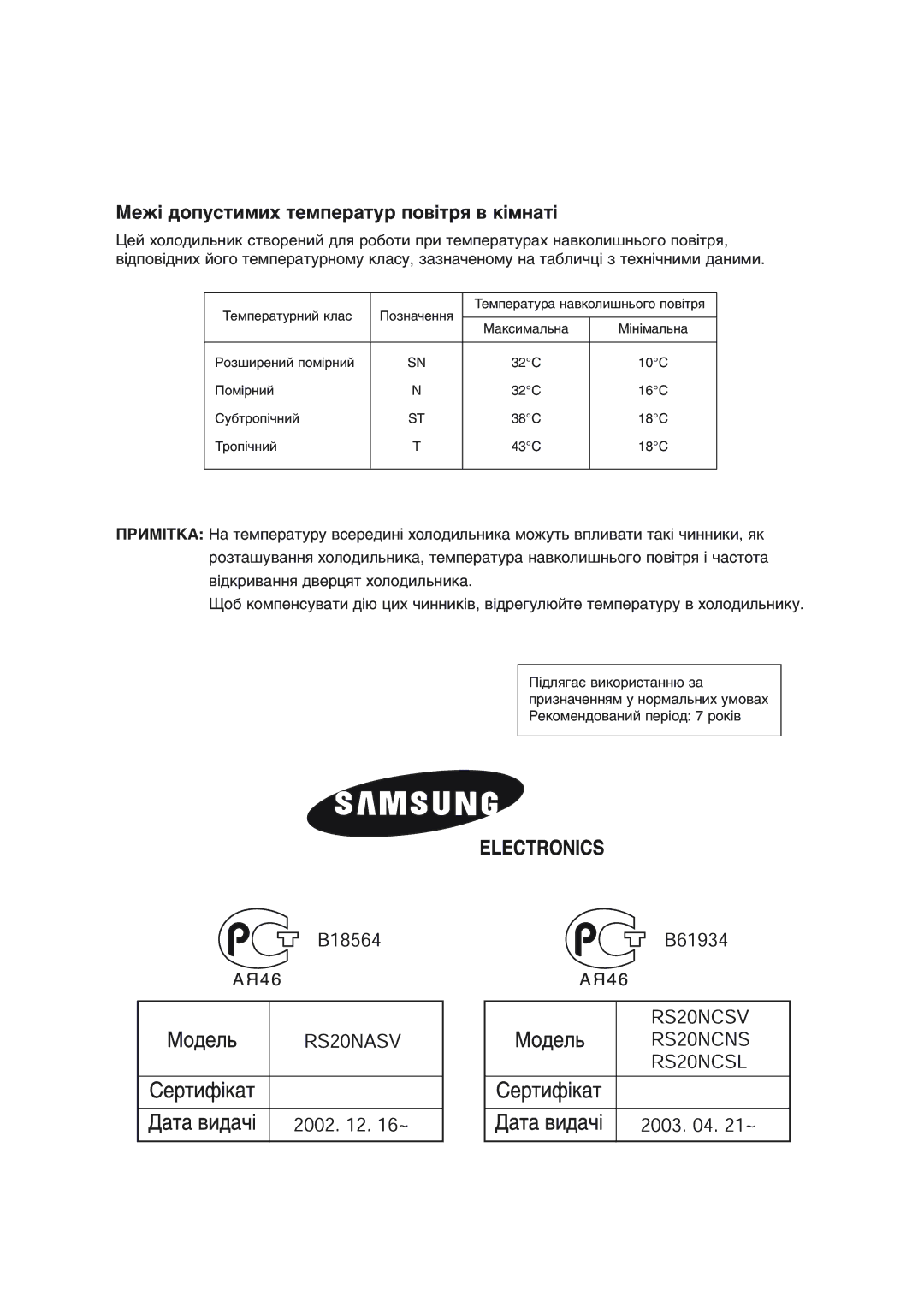 Samsung RS20NCSV1/BUS, RS20NCSL1/XEK, RS20NCSV1/BWT, RS20NCSL1/BWT manual Межі допустимих температур повітря в кімнаті 