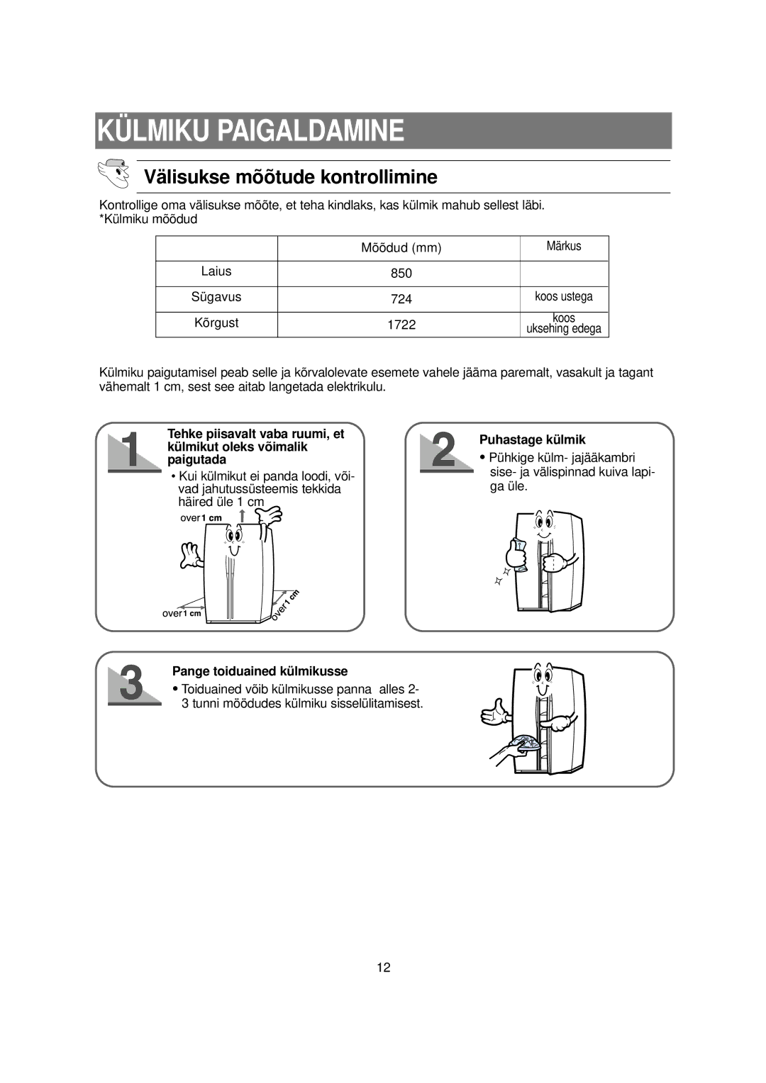 Samsung RS20NCSL5/XEK, RS20NCSL1/XEK, RS20NCSV1/BWT Külmiku Paigaldamine, Puhastage külmik, Pange toiduained külmikusse 