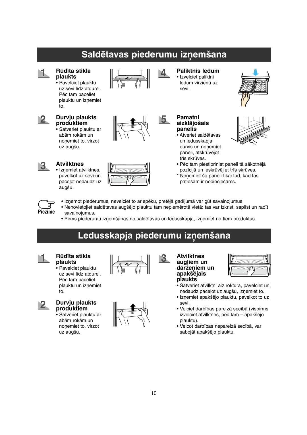 Samsung RS20NCSV1/BWT manual Saldïtavas piederumu iz¿em‰ana, Ledusskapja piederumu iz¿em‰ana, Atvilktnes, Paliktnis ledum 