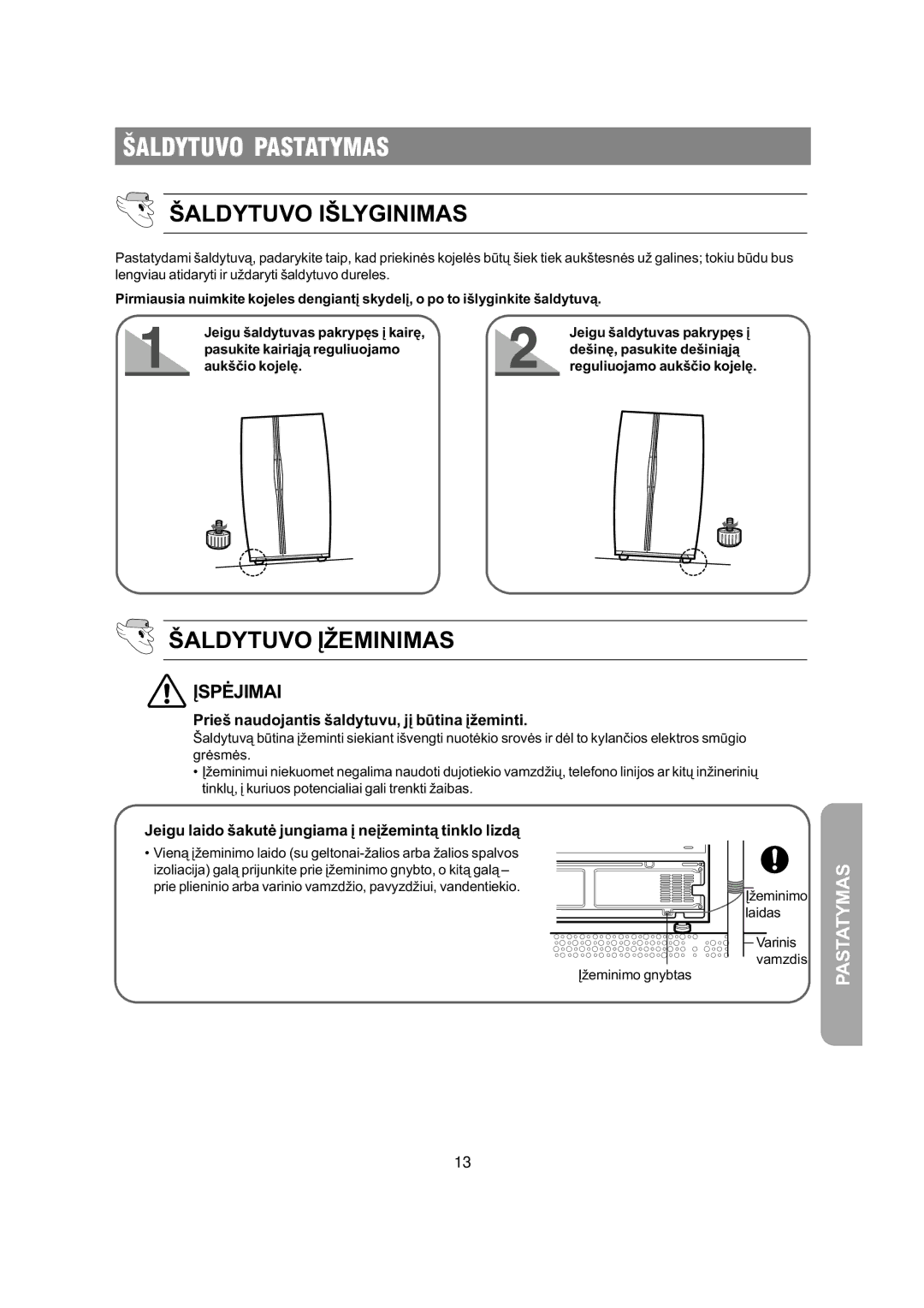 Samsung RS20NCSV5/XEK, RS20NCSL1/XEK, RS20NCSV1/BWT, RS20NCSL1/BWT manual Prieð naudojantis ðaldytuvu, já bûtina áþeminti 