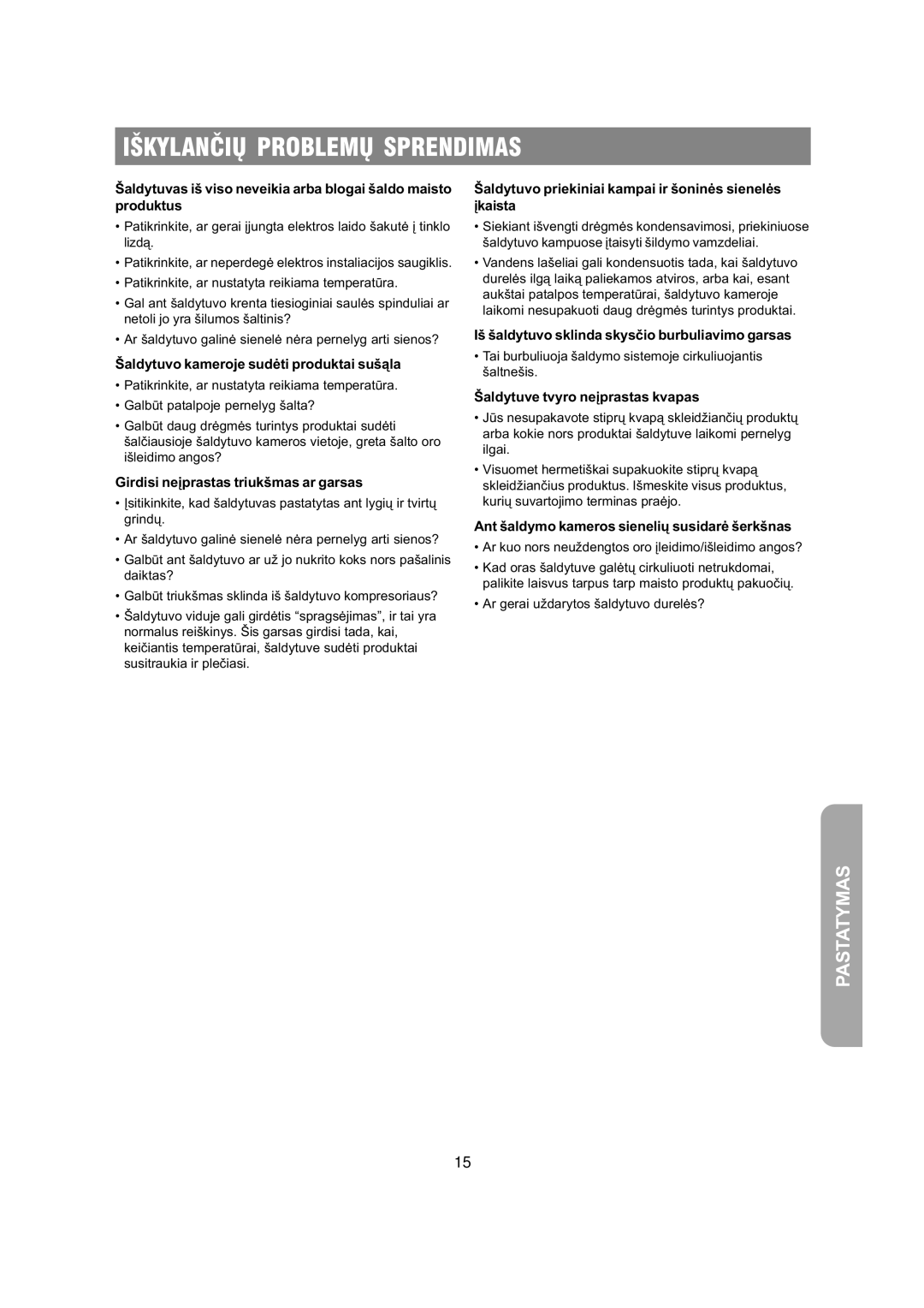 Samsung RS20NCSV5/BWT, RS20NCSL1/XEK, RS20NCSV1/BWT, RS20NCSL1/BWT, RS20NCSL5/XEK manual Iðkylanèiø Problemø Sprendimas 