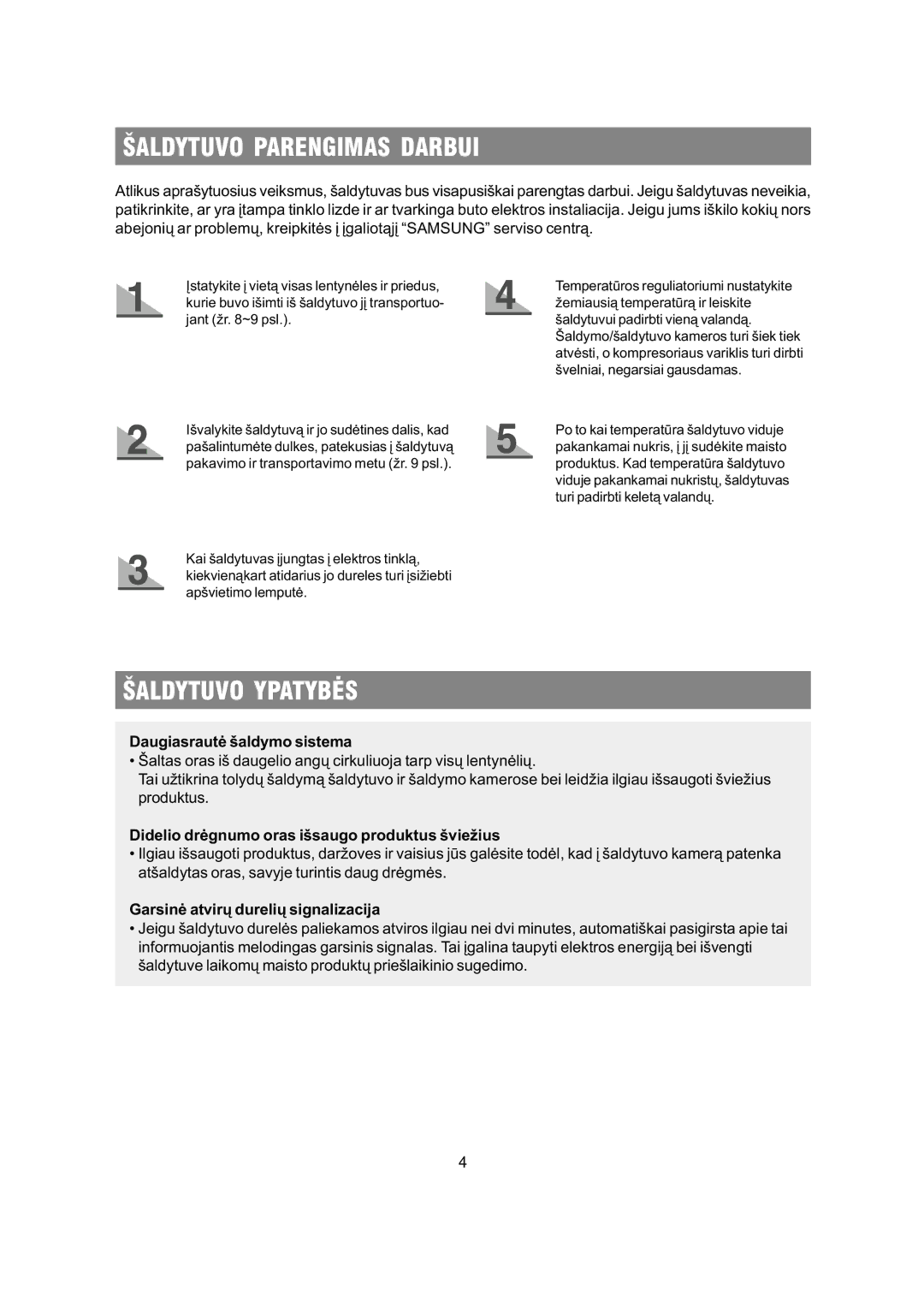 Samsung RS20NCSV5/XEK, RS20NCSL1/XEK, RS20NCSV1/BWT, RS20NCSL1/BWT manual Ðaldytuvo Parengimas Darbui, Ðaldytuvo Ypatybës 