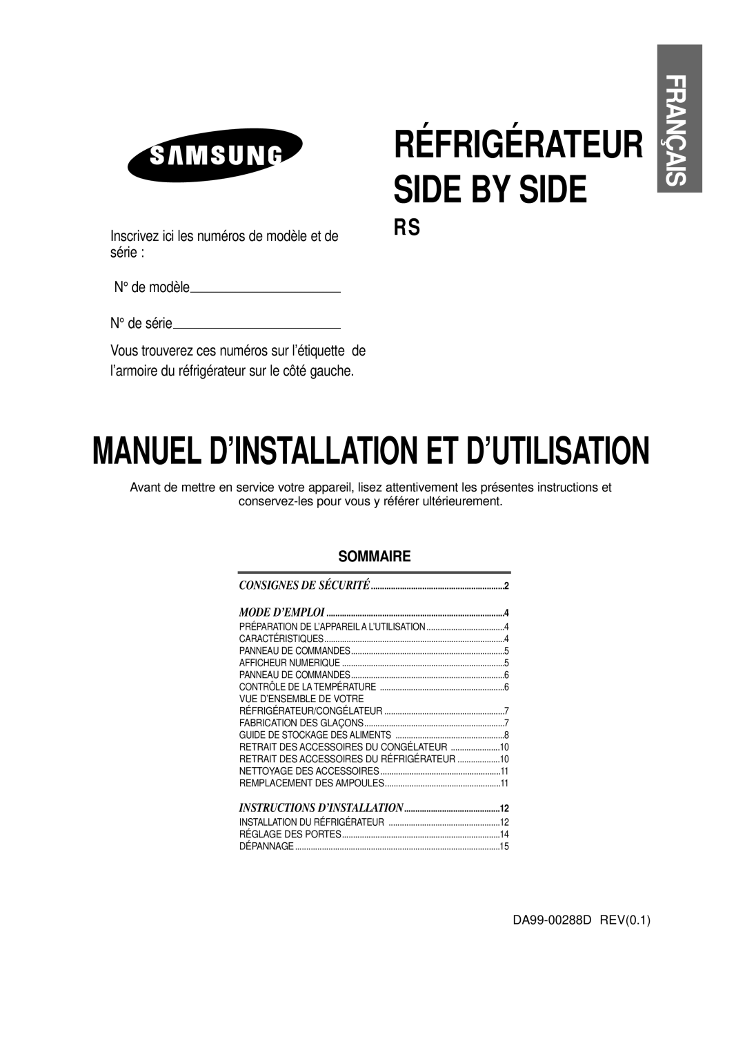 Samsung RS20NCSV1/XEF, RS20NCSV5/XEF, RS20CCSV1/XEF, RS20NCSL1/XEF, RS20NRSV5/XEF manual Réfrigérateur Side by Side 