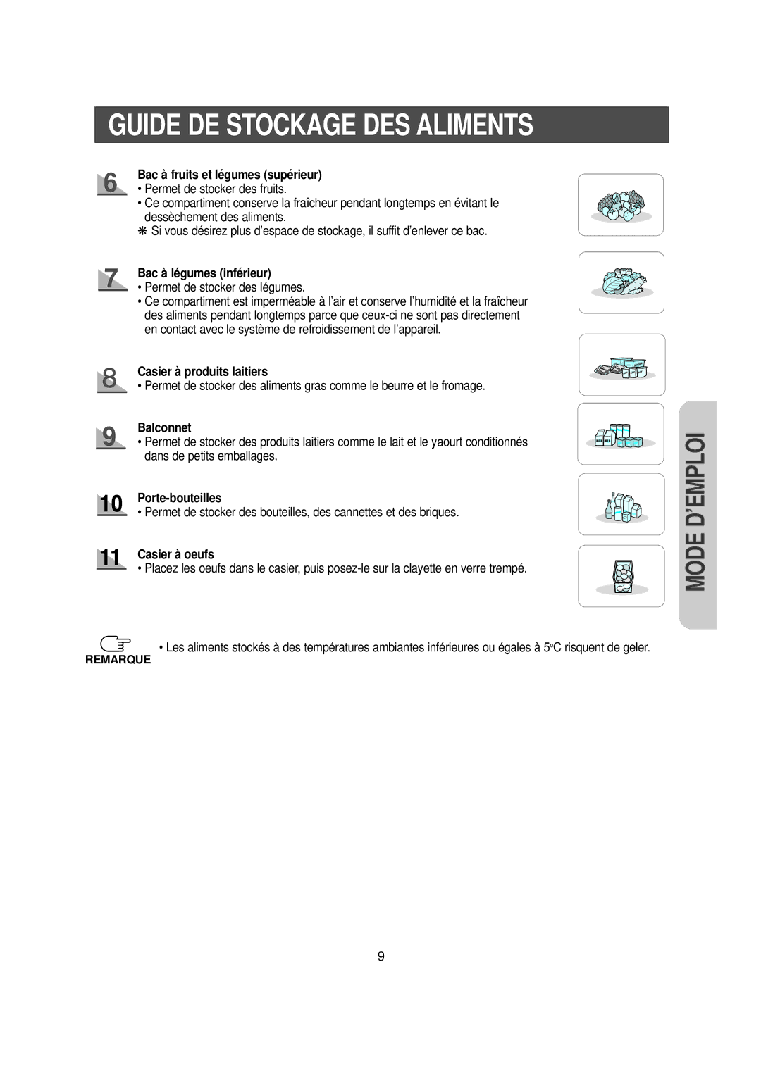 Samsung RS20CCSV1/XEF manual Bac à fruits et légumes supérieur, Bac à légumes inférieur, Casier à produits laitiers 