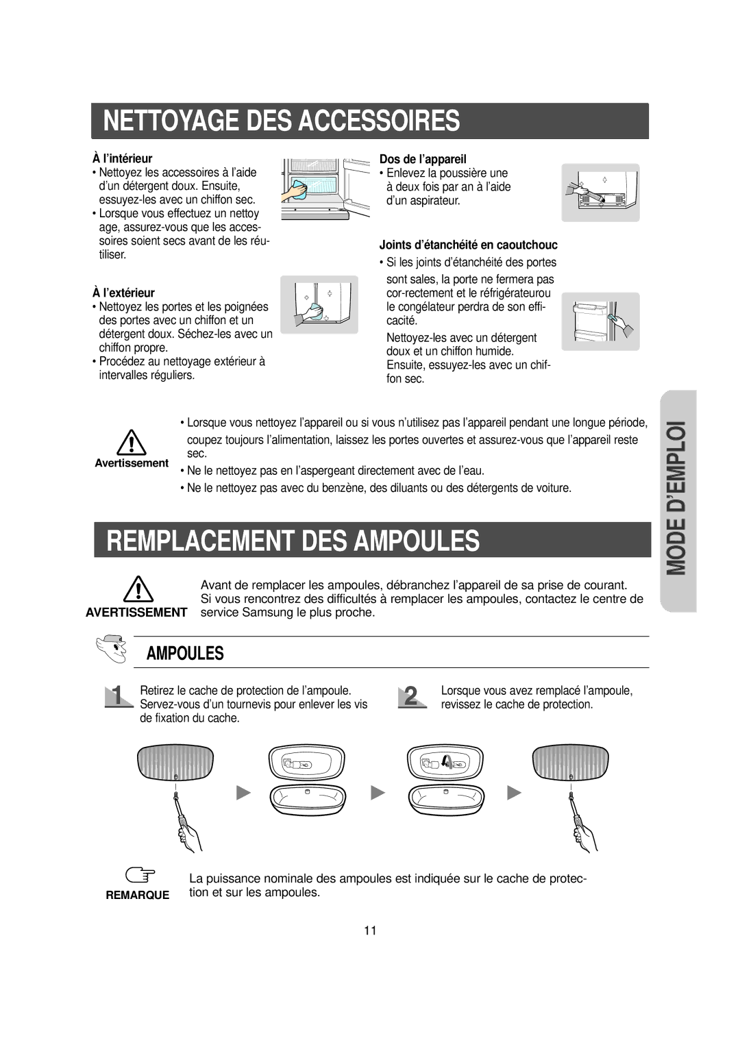 Samsung RS20NRSV5/XEF, RS20NCSV5/XEF, RS20NCSV1/XEF, RS20CCSV1/XEF manual Nettoyage DES Accessoires, Remplacement DES Ampoules 