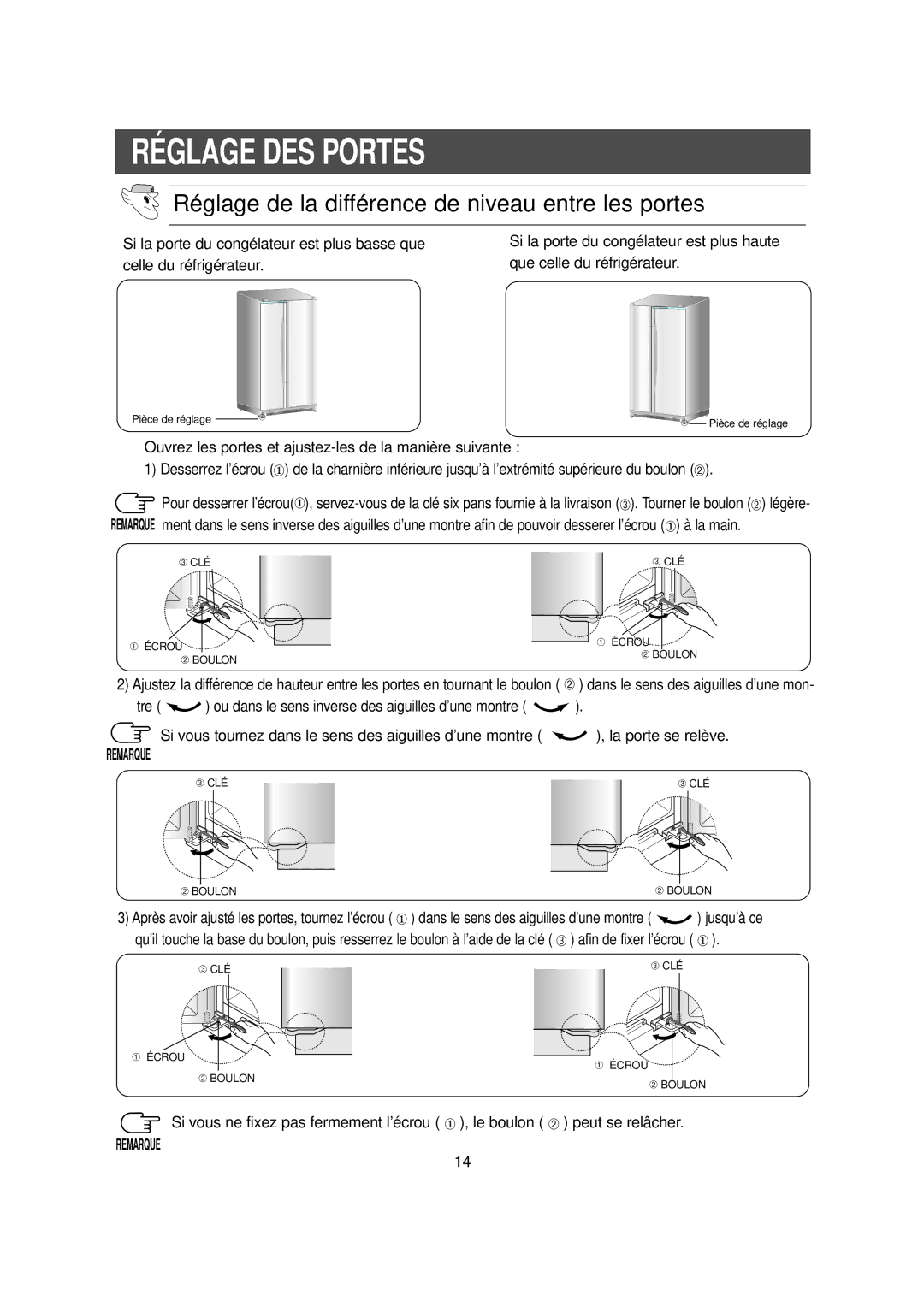 Samsung RS20NCSV5/XEF, RS20NCSV1/XEF, RS20CCSV1/XEF Réglage DES Portes, Réglage de la différence de niveau entre les portes 