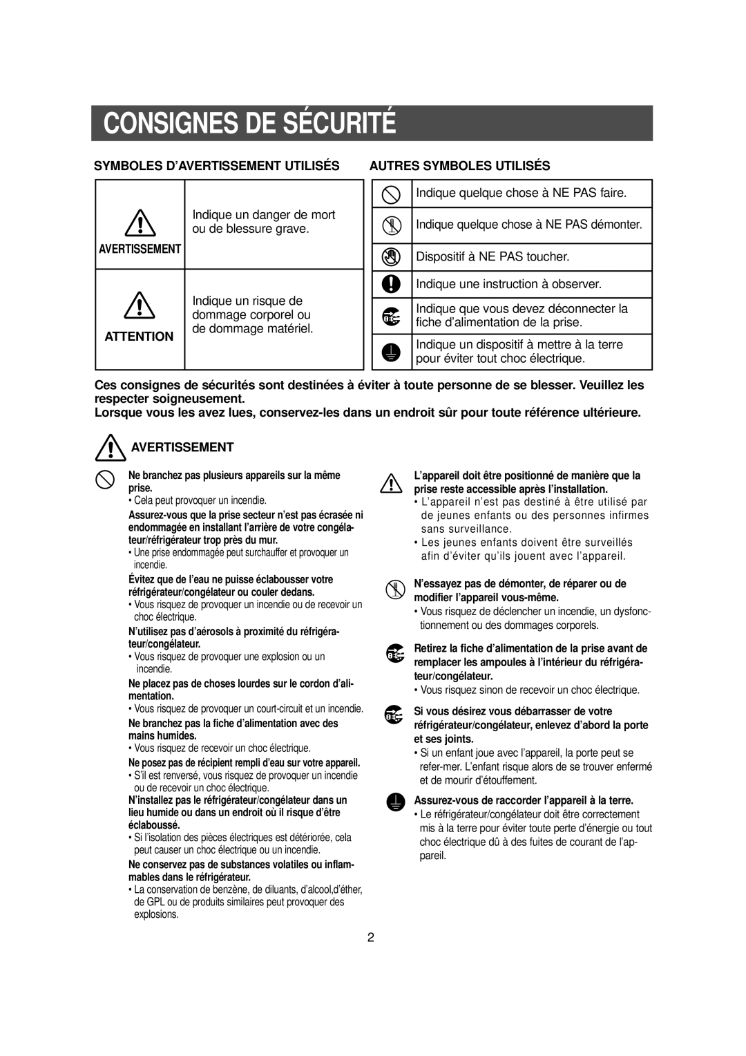 Samsung RS20CCSV1/XEF, RS20NCSV5/XEF, RS20NCSV1/XEF manual Consignes DE Sécurité, Avertissement Autres Symboles Utilisés 