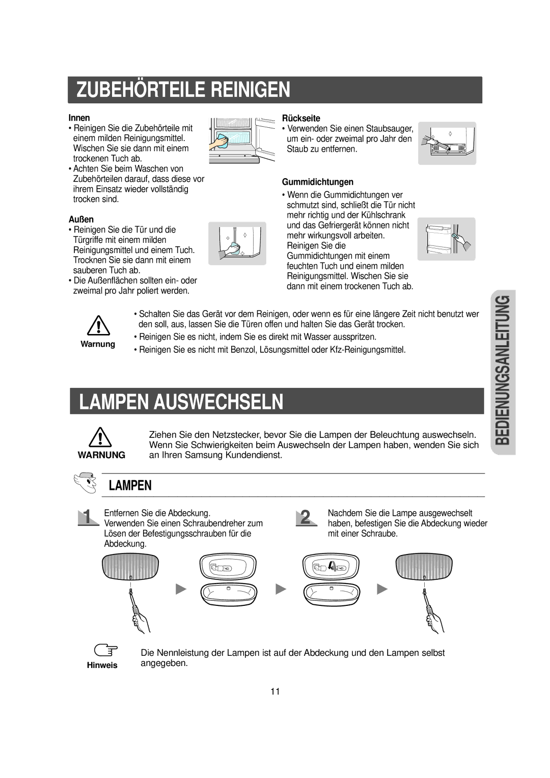 Samsung RS20CCMS5/XEG, RS20NCSW1/XEN, RS20CCMS1/XEG, RS20CCSV1/XEN manual Zubehörteile Reinigen, Lampen Auswechseln 