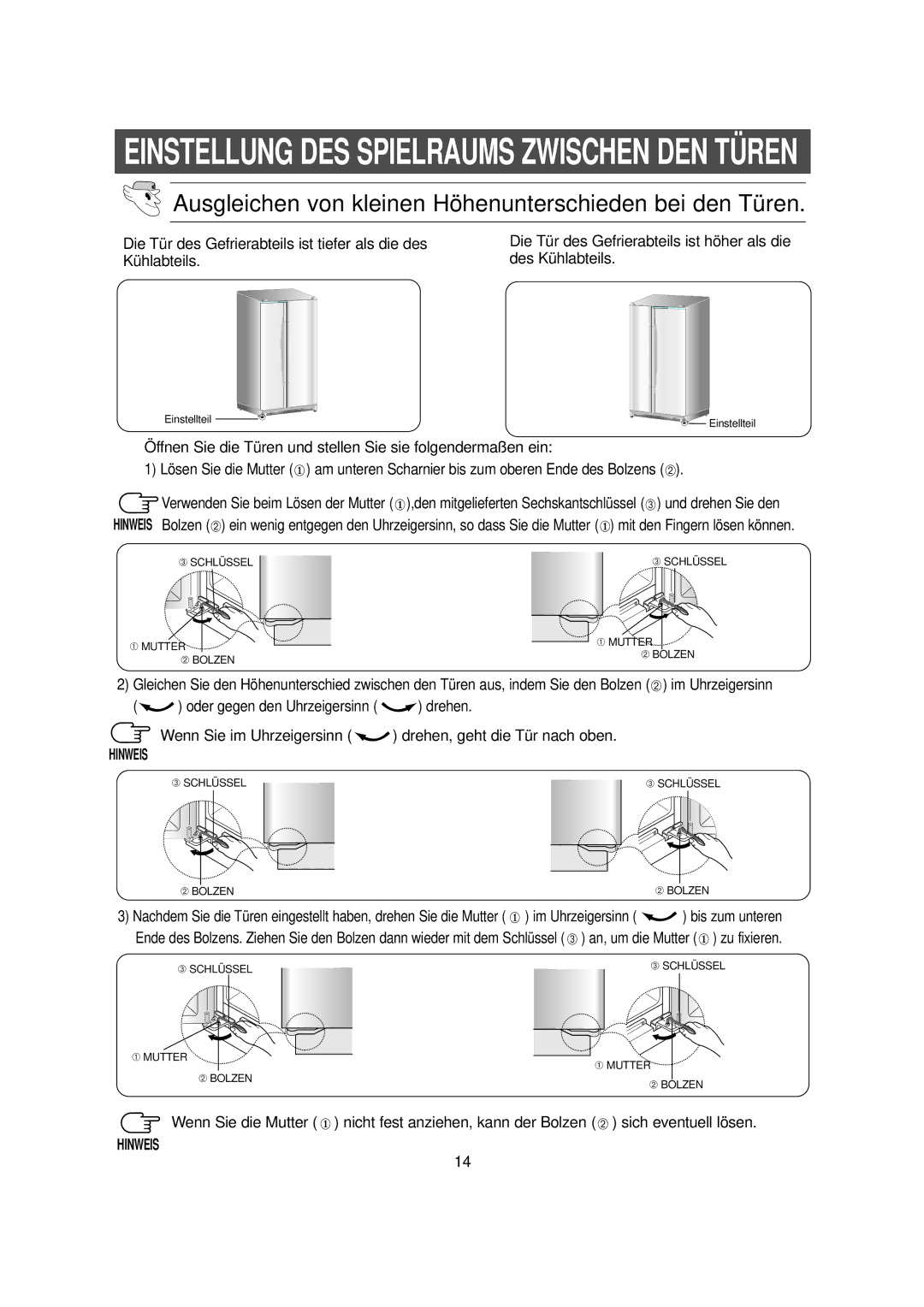 Samsung RS20CCSV1/XEN, RS20NCSW1/XEN, RS20CCMS1/XEG, RS20CCMS5/XEG manual Einstellung DES Spielraums Zwischen DEN Türen 