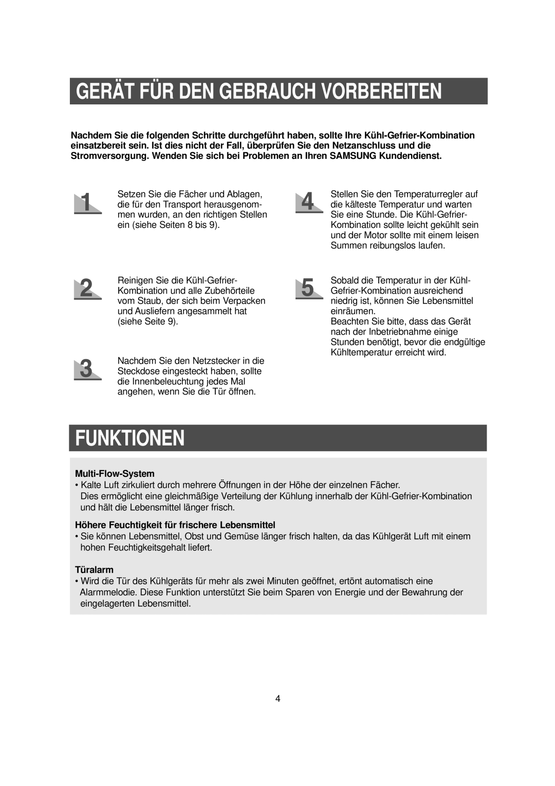 Samsung RS20NCSW1/XEN manual Funktionen, Multi-Flow-System, Höhere Feuchtigkeit für frischere Lebensmittel, Türalarm 