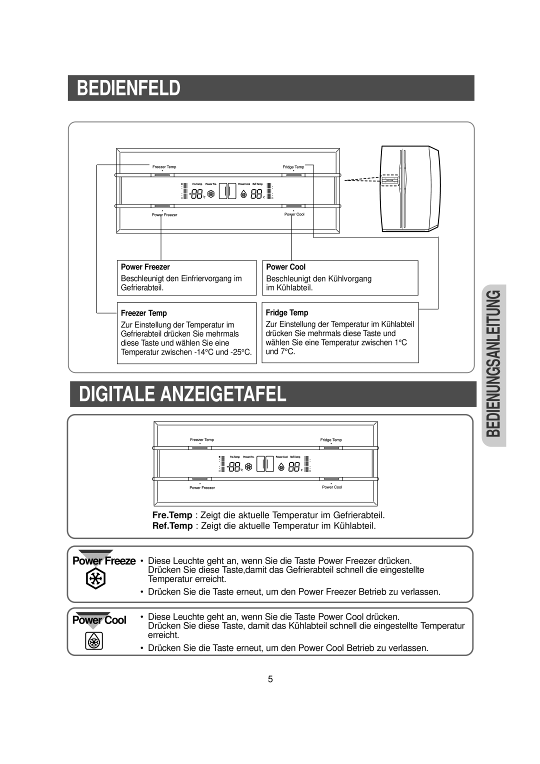 Samsung RS20CCMS1/XEG, RS20NCSW1/XEN Bedienfeld, Digitale Anzeigetafel, Power Freezer Power Cool, Freezer Temp Fridge Temp 