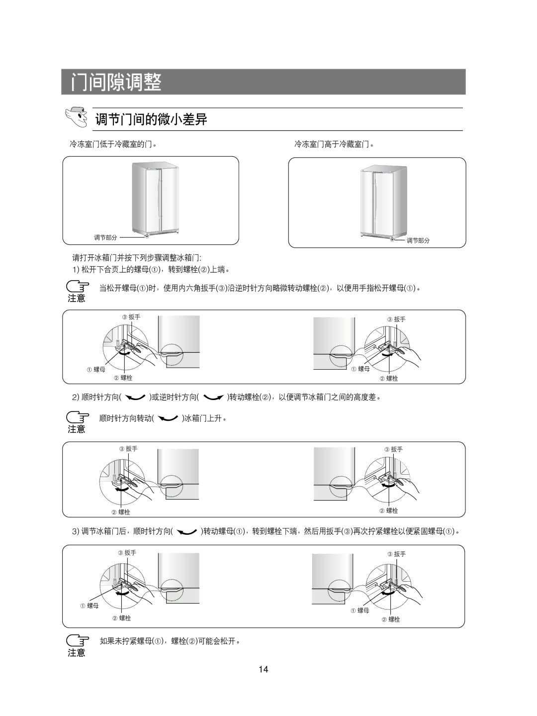 Samsung RS20CCSV5/XES, RS20NRSV5/XEF, RS20CCSV5/XEH, RS20CCMS5/XEH, RS20CCSL5/XEH, RS20NAMS5/XAG manual 门间隙调整, 调节门间的微小差异 