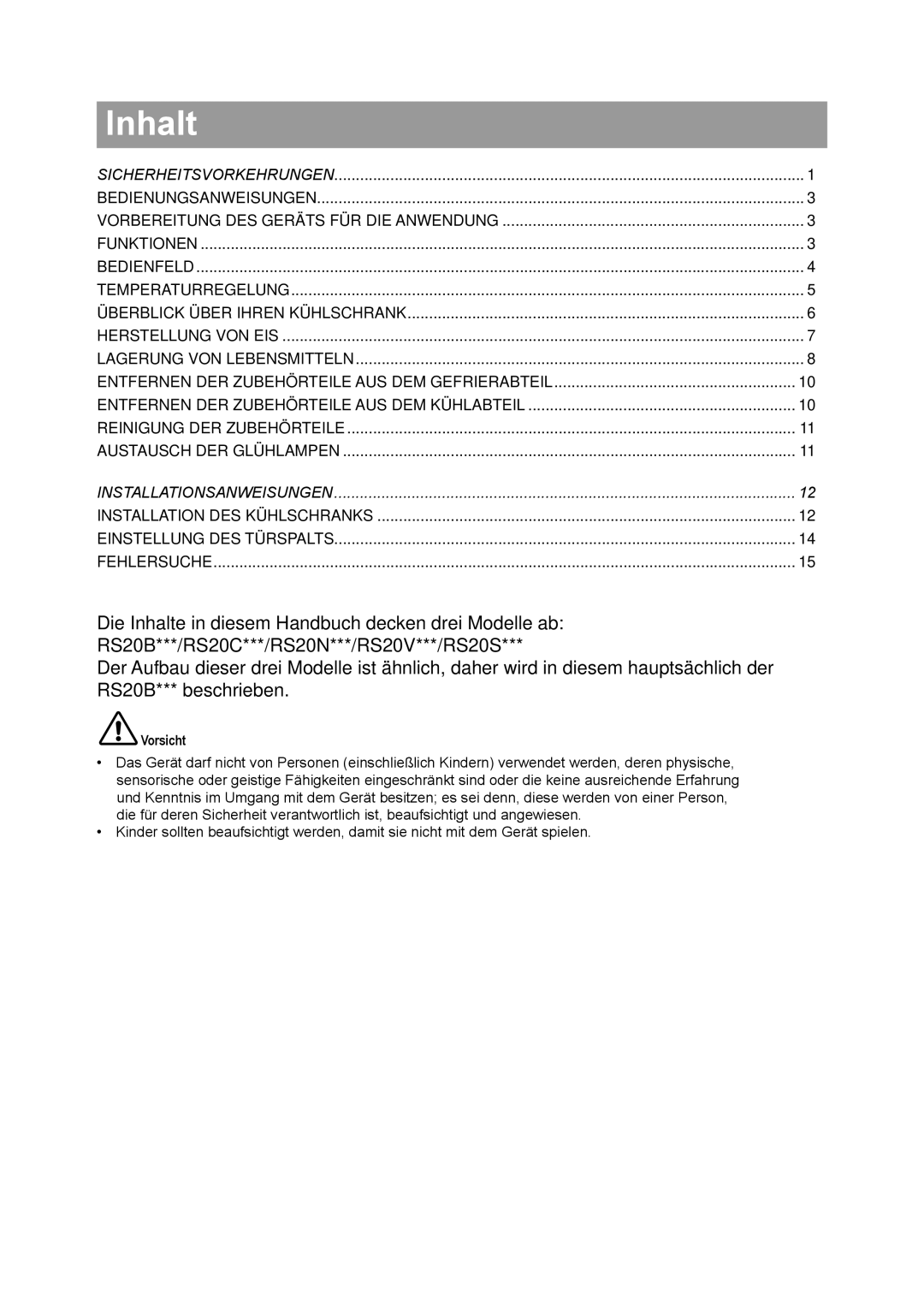 Samsung RS20BRPS5/XAG, RS20VQPS5/XEG, RS20BRPS5/XEG, RS20BRPS5/XET manual Inhalt, Vorsicht 