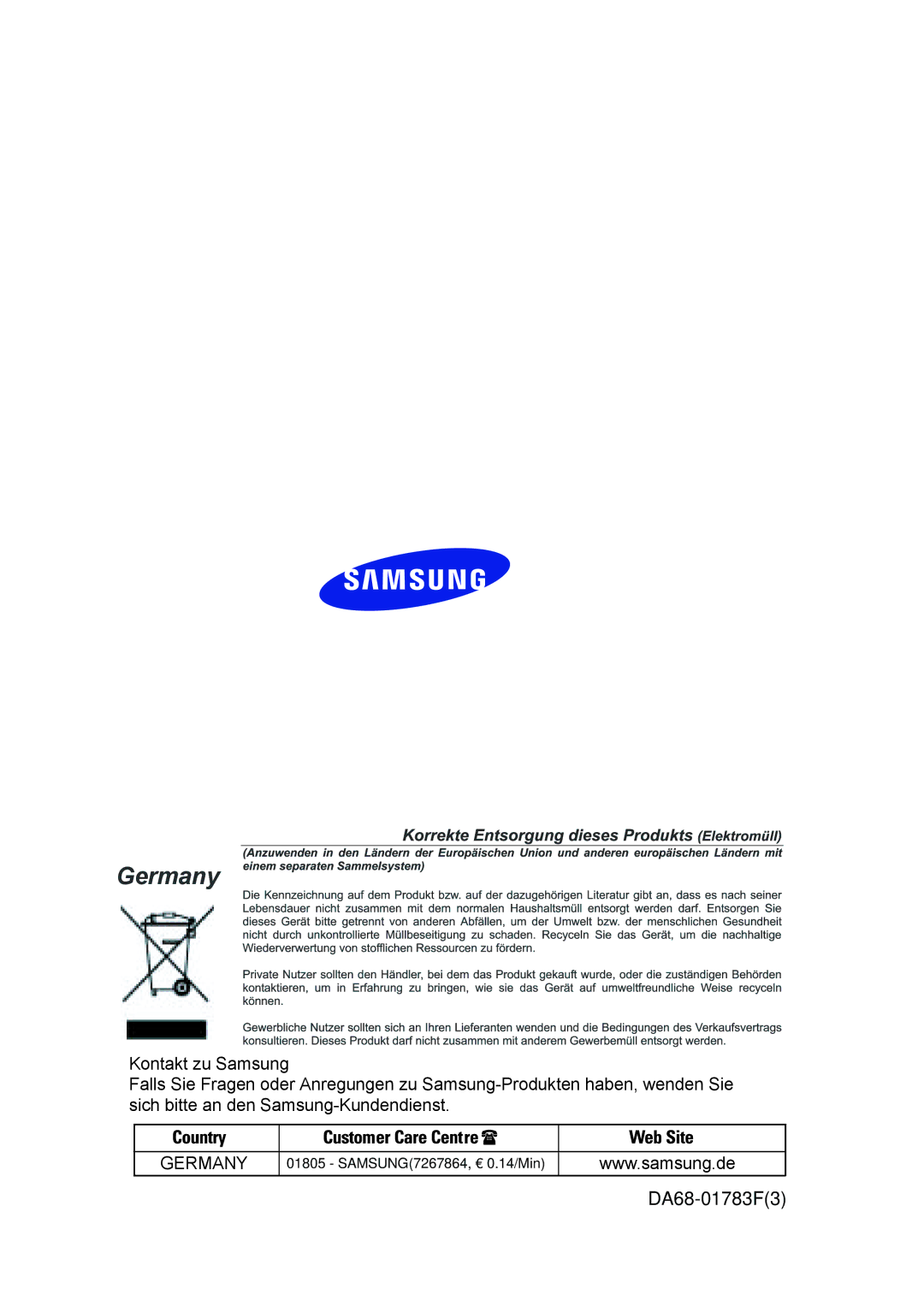 Samsung RS20VQPS5/XEG, RS20BRPS5/XEG, RS20BRPS5/XAG, RS20BRPS5/XET manual Germany, SAMSUNG7267864, € 0.14/Min 