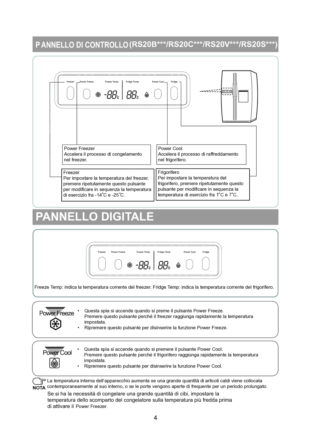 Samsung RS20VRPS5/XET, RS20VRVB5/XET manual Pannello Digitale, Power Freeze Power Cool 