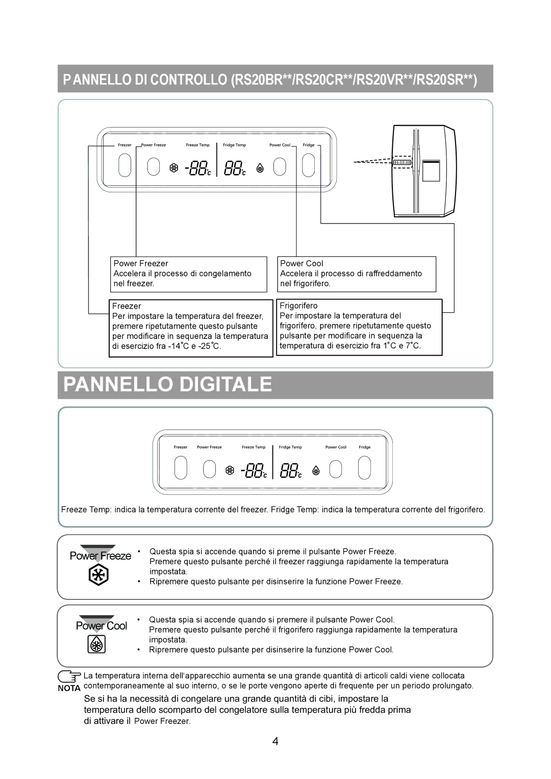 Samsung RS20VRPS5/XET manual Pannello Digitale, Power Freeze Power Cool 