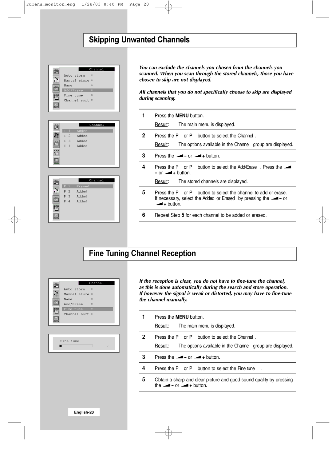 Samsung RS21ASSSS/VNT manual Skipping Unwanted Channels, Fine Tuning Channel Reception 