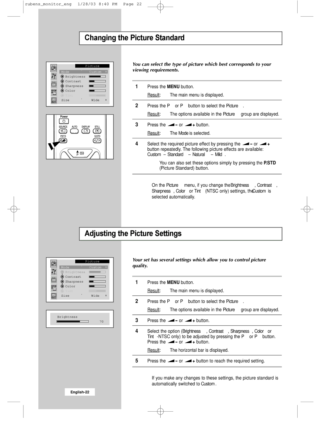 Samsung RS21ASSSS/VNT manual Changing the Picture Standard, Adjusting the Picture Settings 