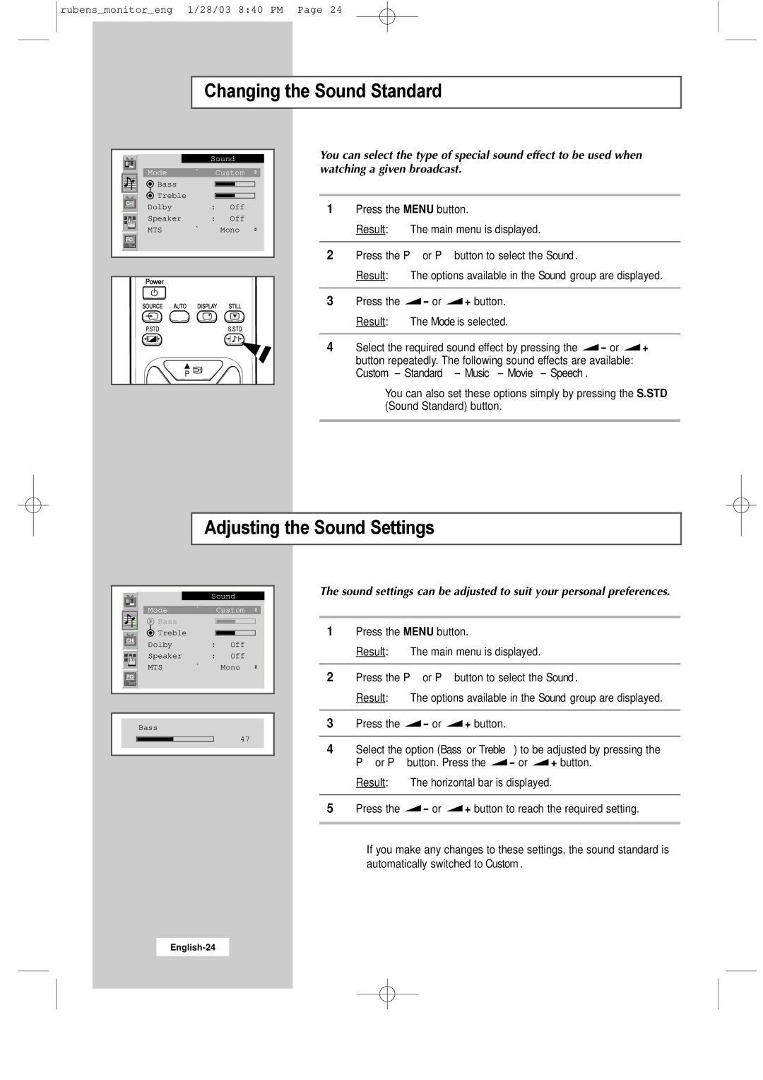 Samsung RS21ASSSS/VNT manual Changing the Sound Standard, Adjusting the Sound Settings 