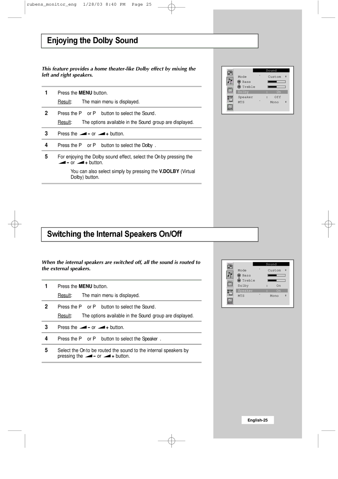 Samsung RS21ASSSS/VNT manual Enjoying the Dolby Sound, Switching the Internal Speakers On/Off 