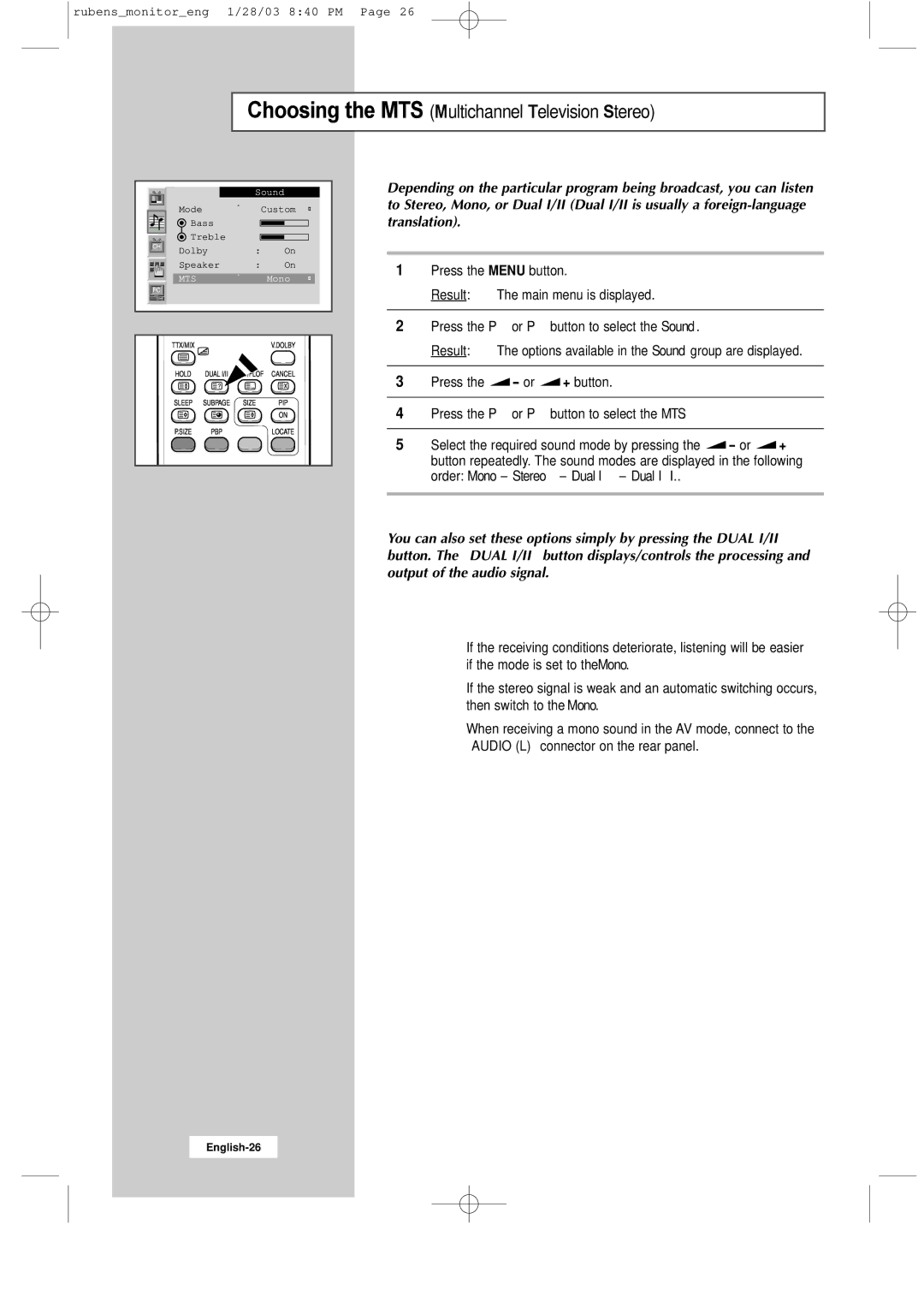 Samsung RS21ASSSS/VNT manual Choosing the MTS Multichannel Television Stereo 