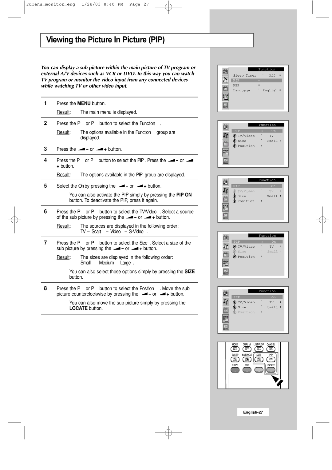 Samsung RS21ASSSS/VNT manual Viewing the Picture In Picture PIP, While watching TV or other video input 