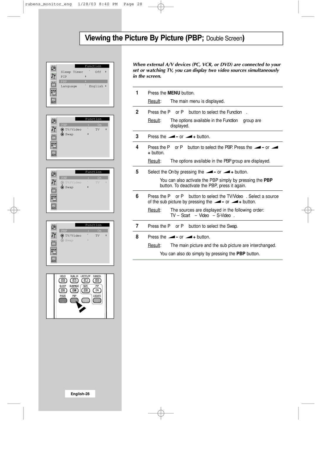 Samsung RS21ASSSS/VNT manual Viewing the Picture By Picture PBP Double Screen 