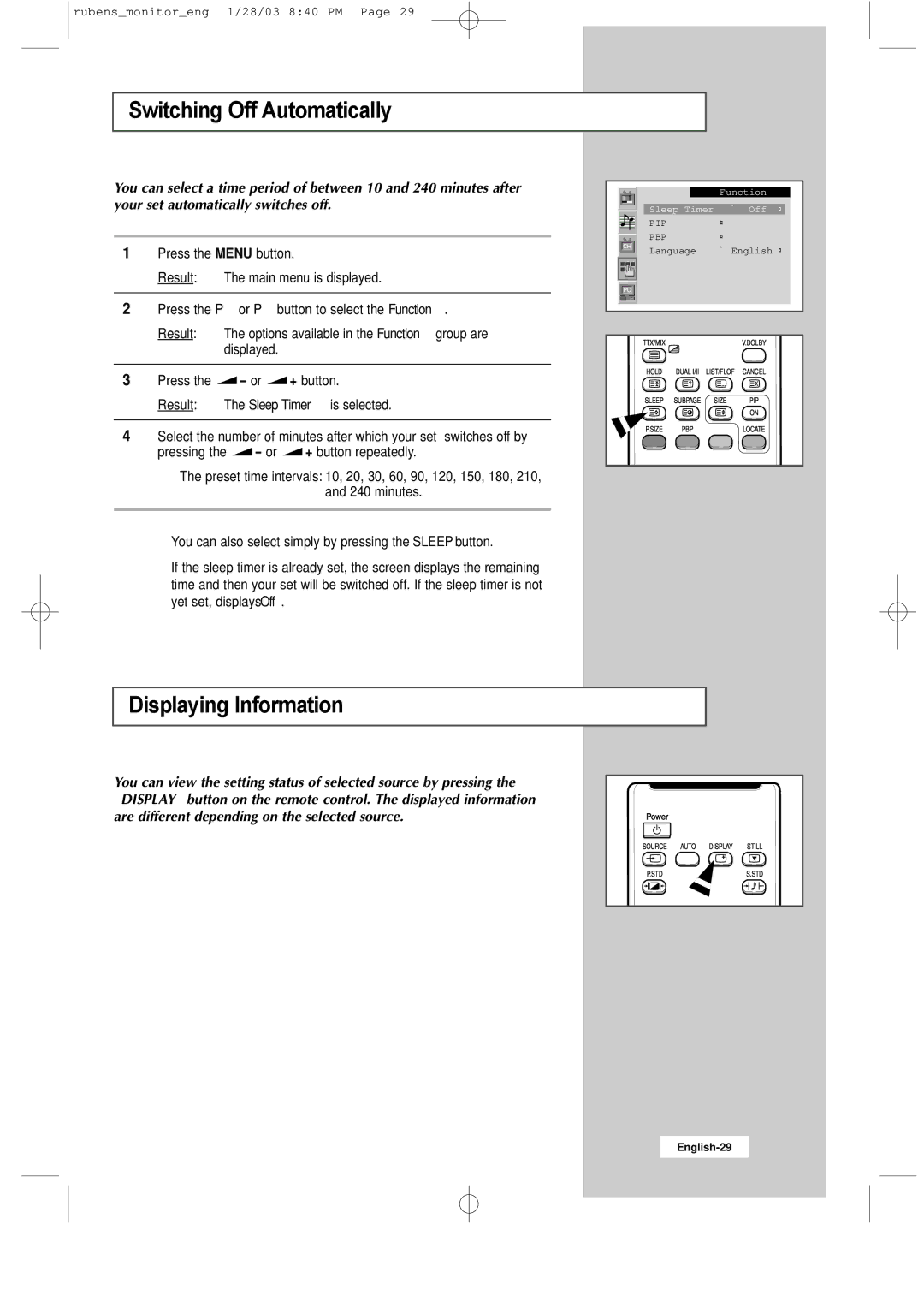 Samsung RS21ASSSS/VNT manual Switching Off Automatically, Displaying Information 