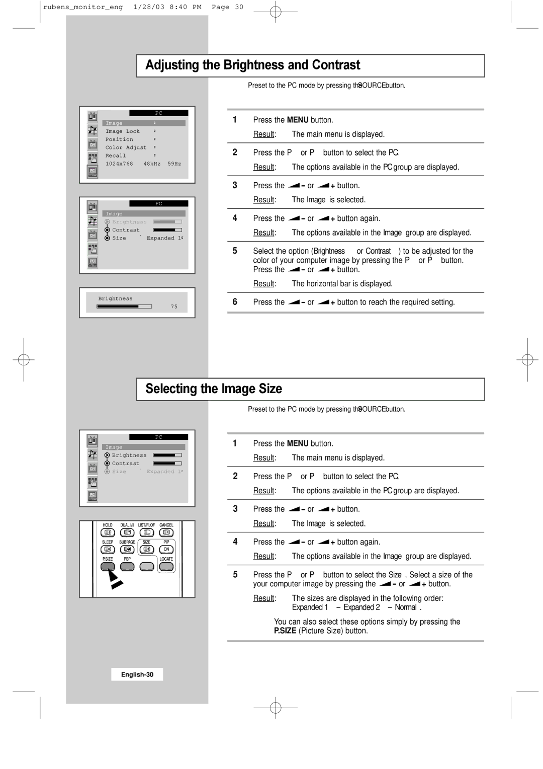 Samsung RS21ASSSS/VNT manual Adjusting the Brightness and Contrast, Selecting the Image Size 