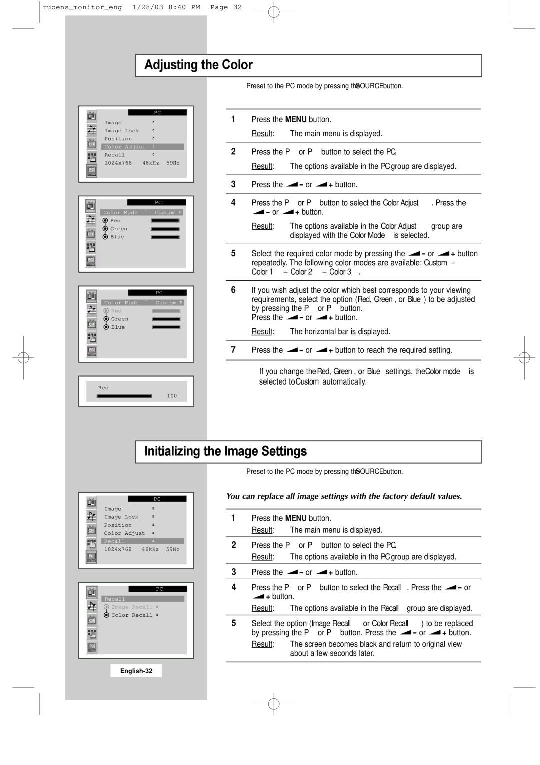 Samsung RS21ASSSS/VNT manual Adjusting the Color, Initializing the Image Settings 