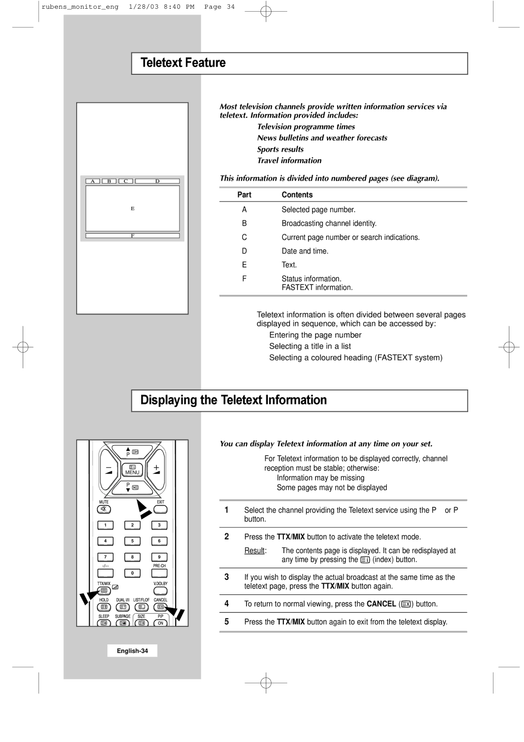 Samsung RS21ASSSS/VNT manual Teletext Feature, Displaying the Teletext Information 