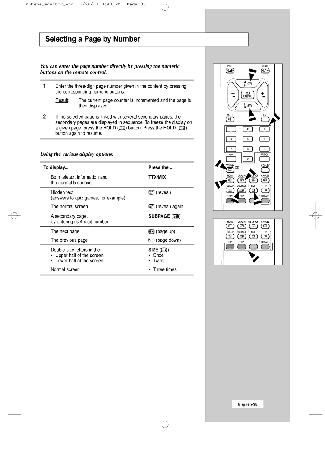 Samsung RS21ASSSS/VNT manual Selecting a Page by Number, Using the various display options 