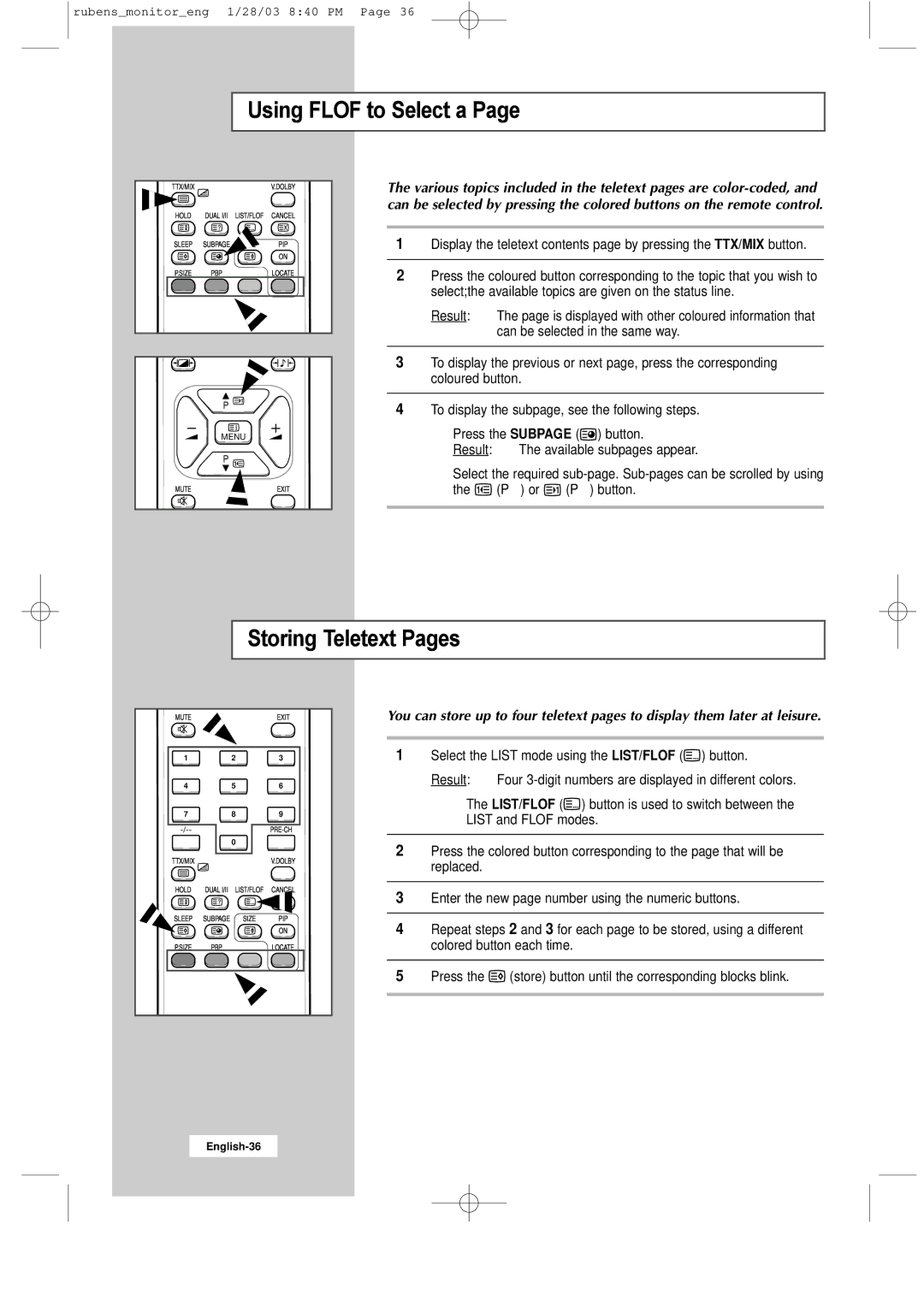 Samsung RS21ASSSS/VNT manual Using Flof to Select a, Storing Teletext Pages 