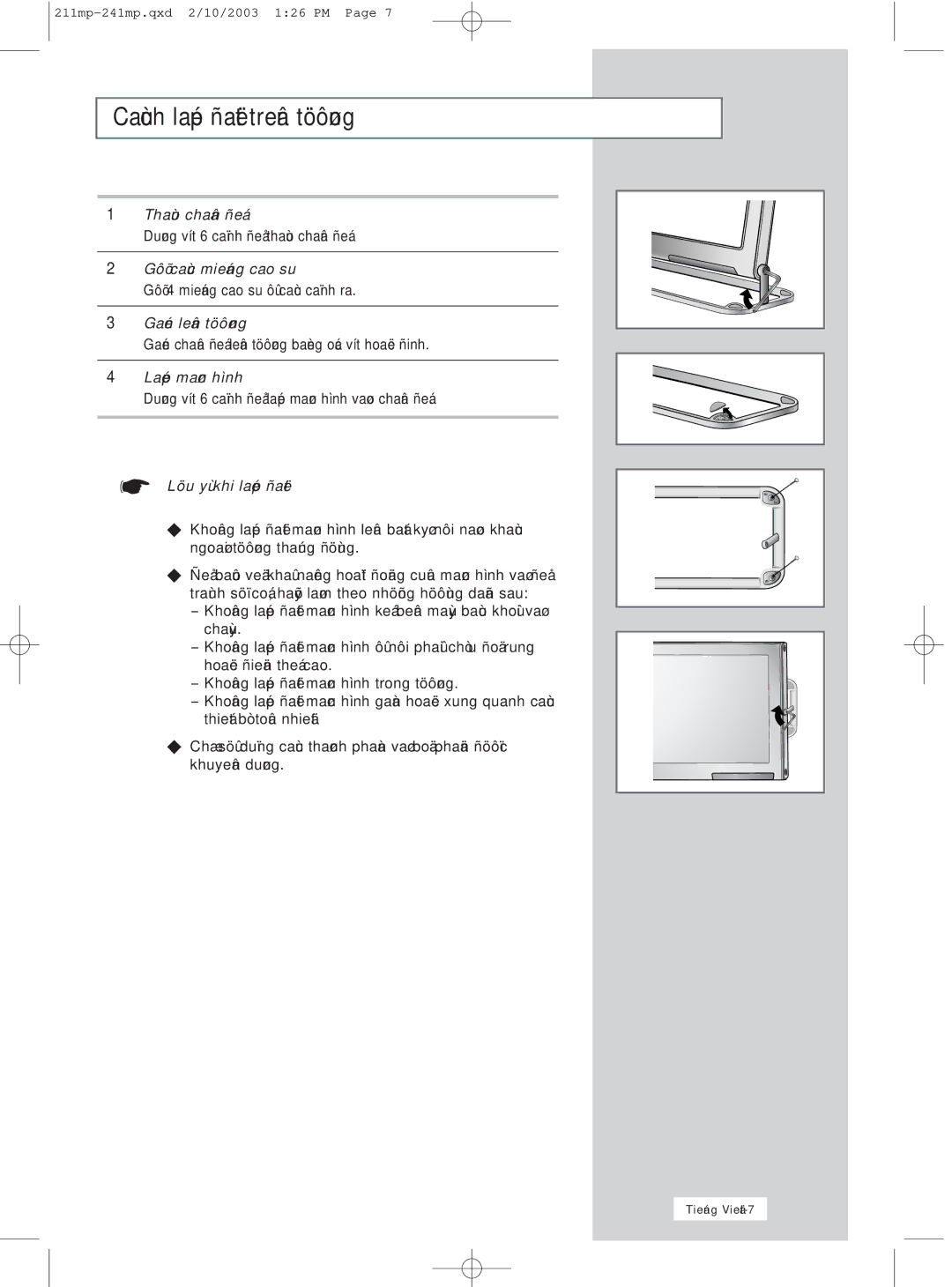 Samsung RS21ASSSS/VNT manual Caùch laép ñaët treân töôøng 