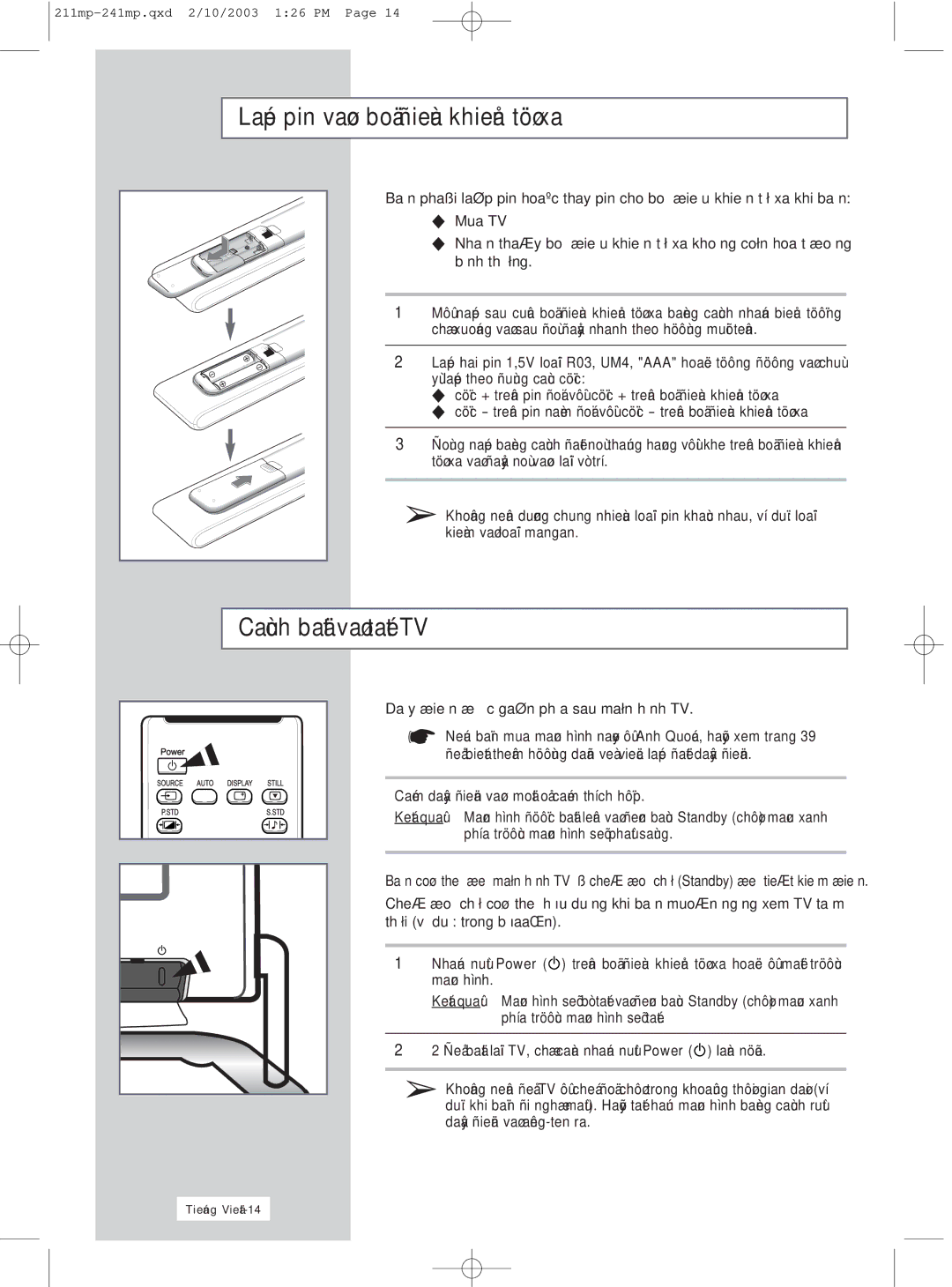 Samsung RS21ASSSS/VNT manual Pin Thay pin cho Xa khi Mua TV Bình, Phía sau Hình TV, Hình TV Standby Trong Khi Ngöng xem TV 