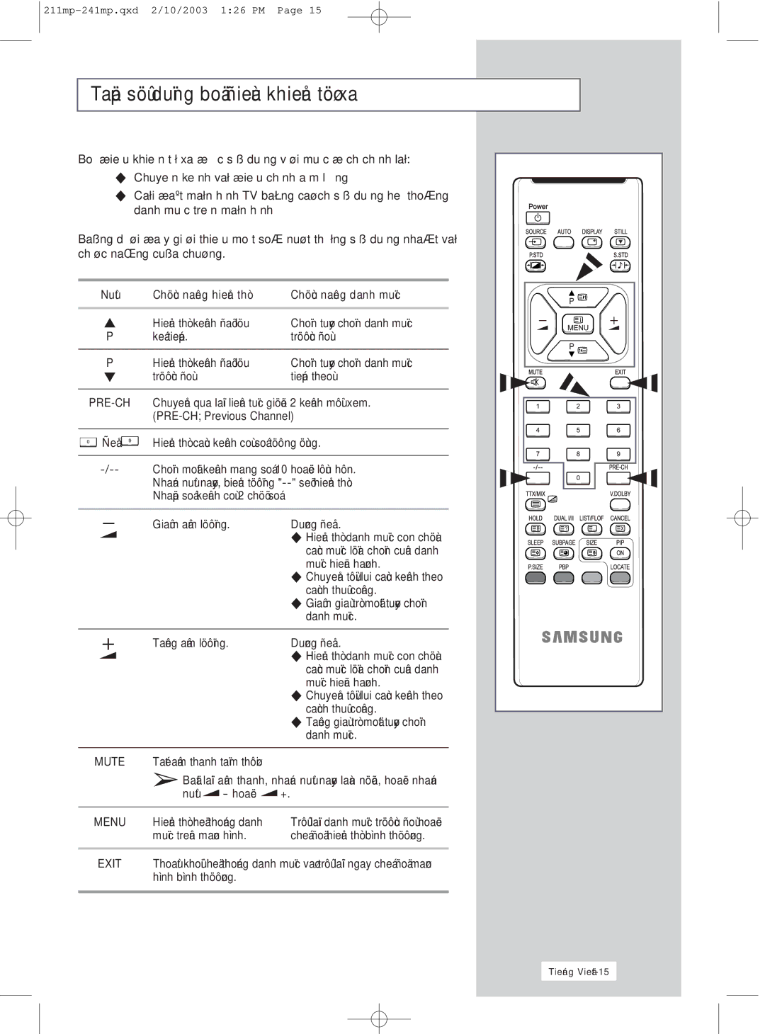 Samsung RS21ASSSS/VNT manual Ñích chính, Chænh, Danh Hình 