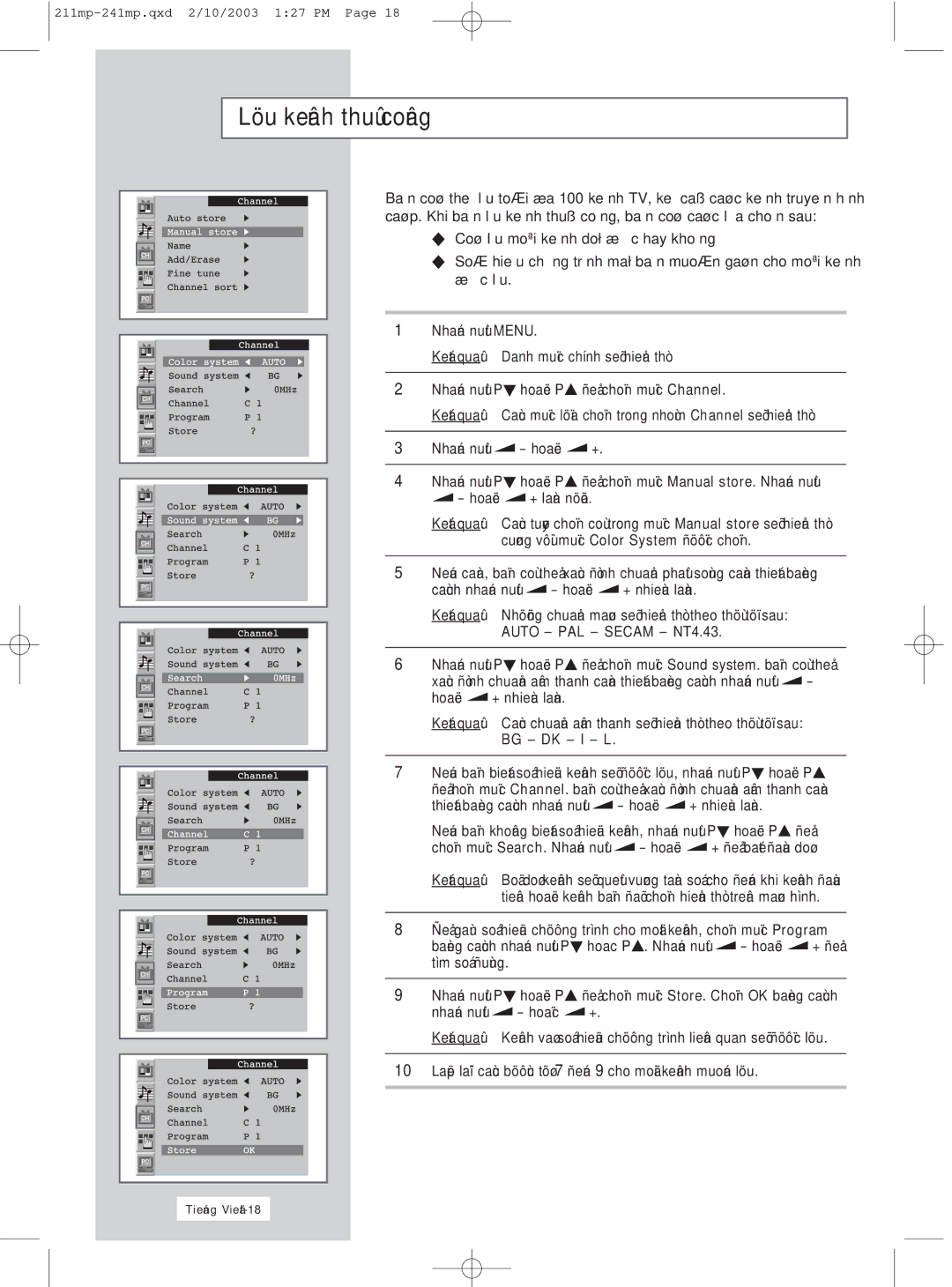 Samsung RS21ASSSS/VNT manual Löu Hình Khi Sau Hay Chöông trình Cho 