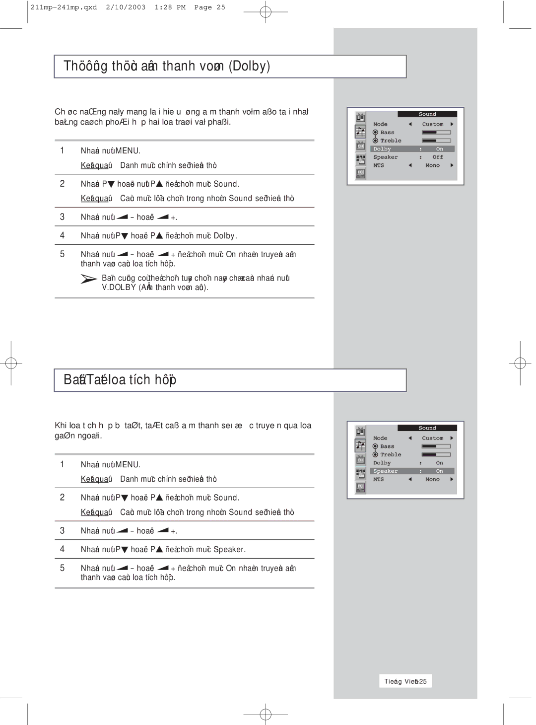 Samsung RS21ASSSS/VNT manual Thanh Dolby, Loa tích, Mang Thanh Hai loa, Khi loa tích Thanh Qua loa 