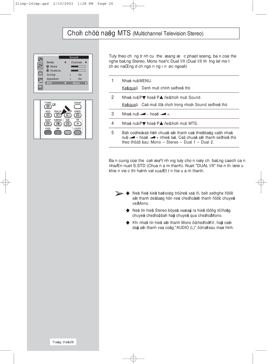 Samsung RS21ASSSS/VNT manual MTS Multichannel Television Stereo, Thi Tín Thanh 