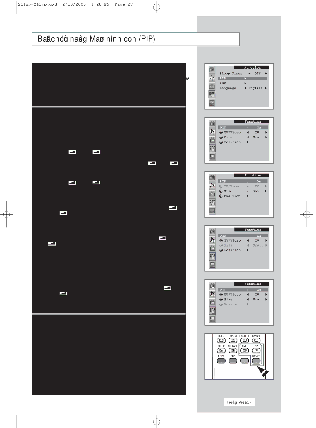 Samsung RS21ASSSS/VNT manual Hình con PIP, Hình Trong khi Xem chöông Trình TV 