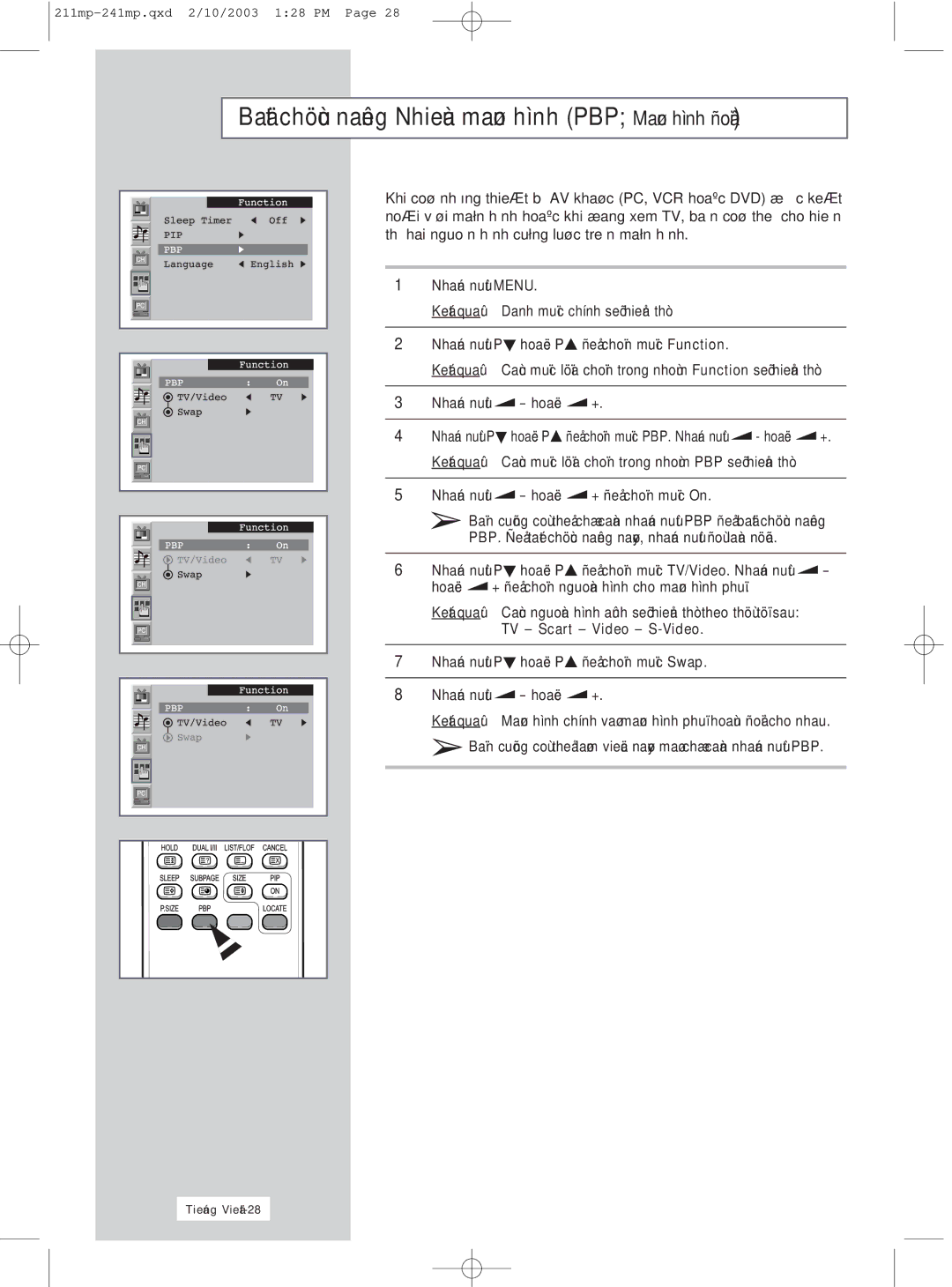 Samsung RS21ASSSS/VNT manual Khi Bò AV, Hình Khi ñang xem TV Cho Thò hai 