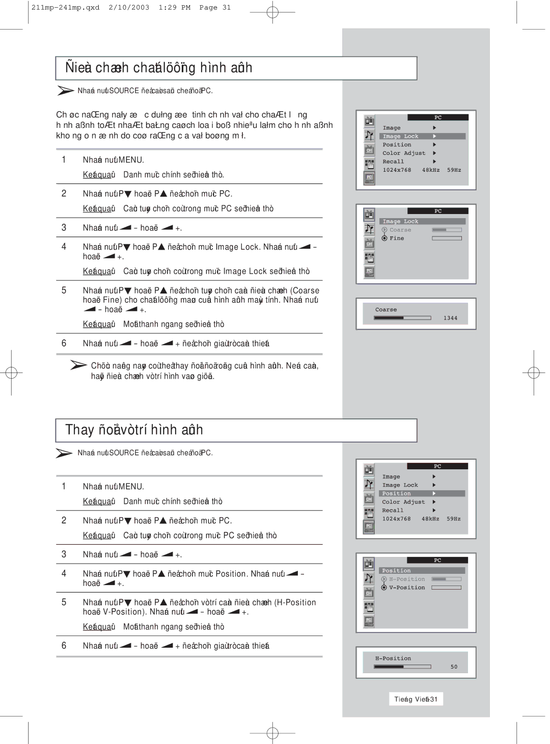 Samsung RS21ASSSS/VNT manual Thay Vò trí hình, Tinh chænh Cho Hình Cho hình Ñònh do Cöa 