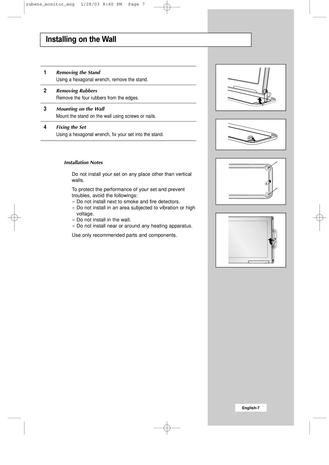 Samsung RS21ASSSS/VNT manual Installing on the Wall, Installation Notes 