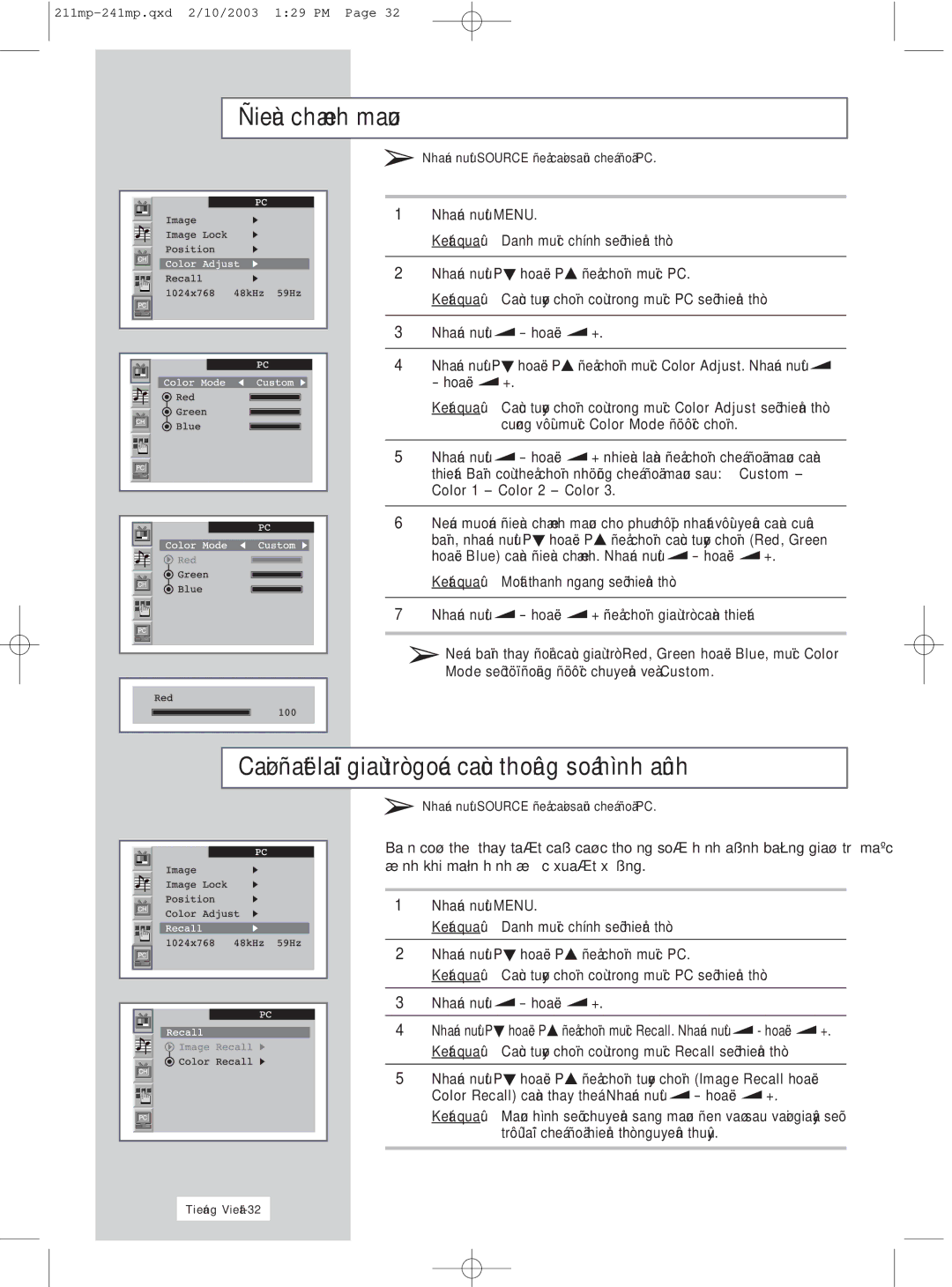 Samsung RS21ASSSS/VNT manual Chænh, Thay Hình, Ñònh khi Hình, Danh, Trong Thò 