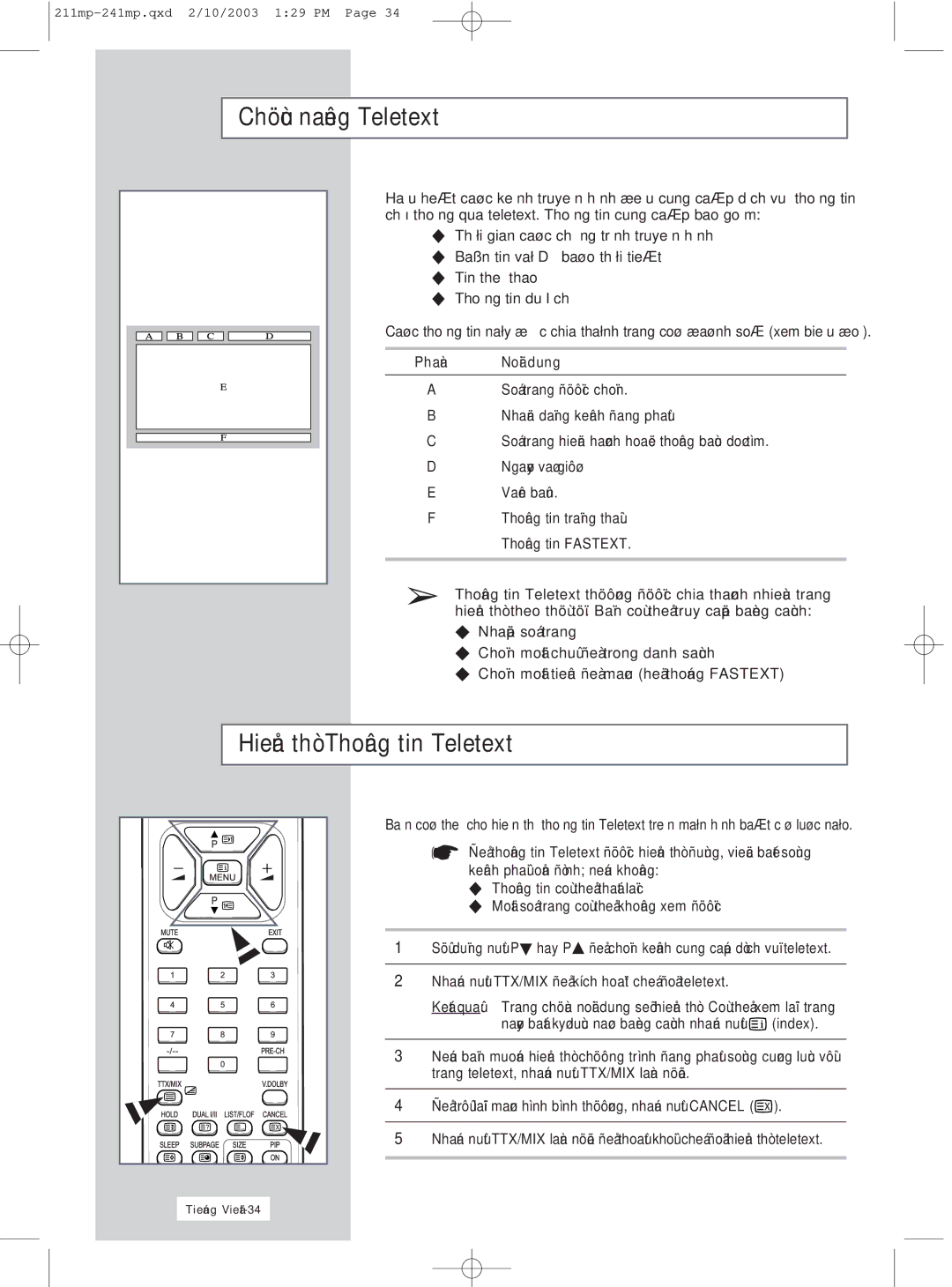 Samsung RS21ASSSS/VNT manual Cho Thò Tin Teletext Hình 