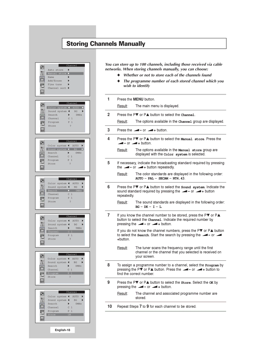 Samsung RS21ASSOW/EDC, RS21ASSSW/EDC, 211MP, RS21ASSOW/ILC manual Storing Channels Manually, Auto PAL Secam NT4.43, Bg Dk I L 