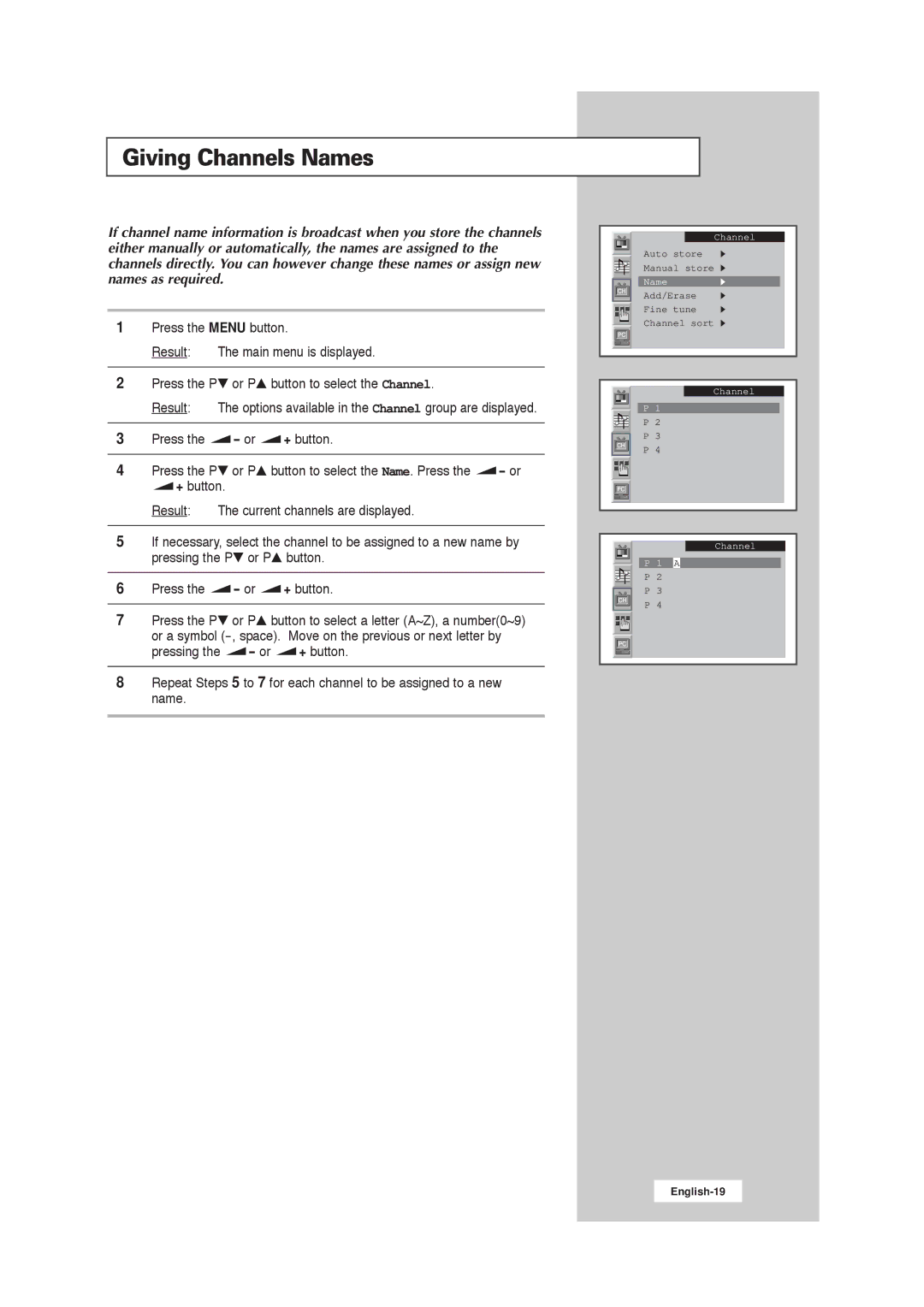 Samsung RS21ASSOW/ILC, RS21ASSSW/EDC, 211MP, RS21ASSOW/EDC manual Giving Channels Names 