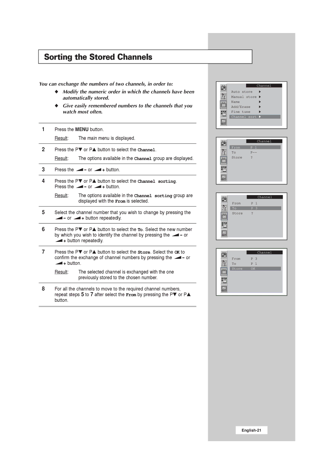 Samsung 211MP, RS21ASSSW/EDC, RS21ASSOW/EDC, RS21ASSOW/ILC manual Sorting the Stored Channels 